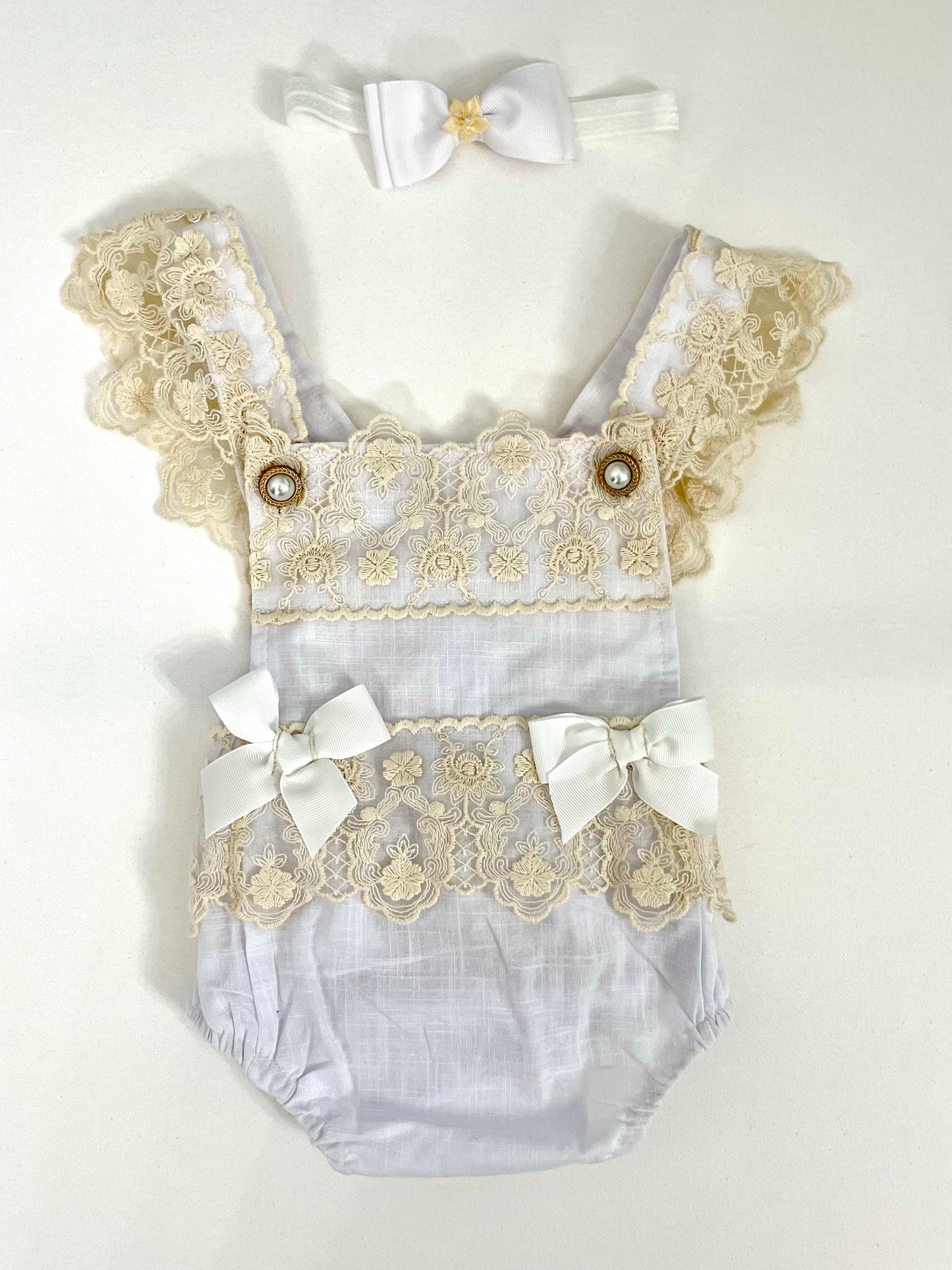 Lacey Ruffles Pearl Buttons & Bows Girl Romper Overalls