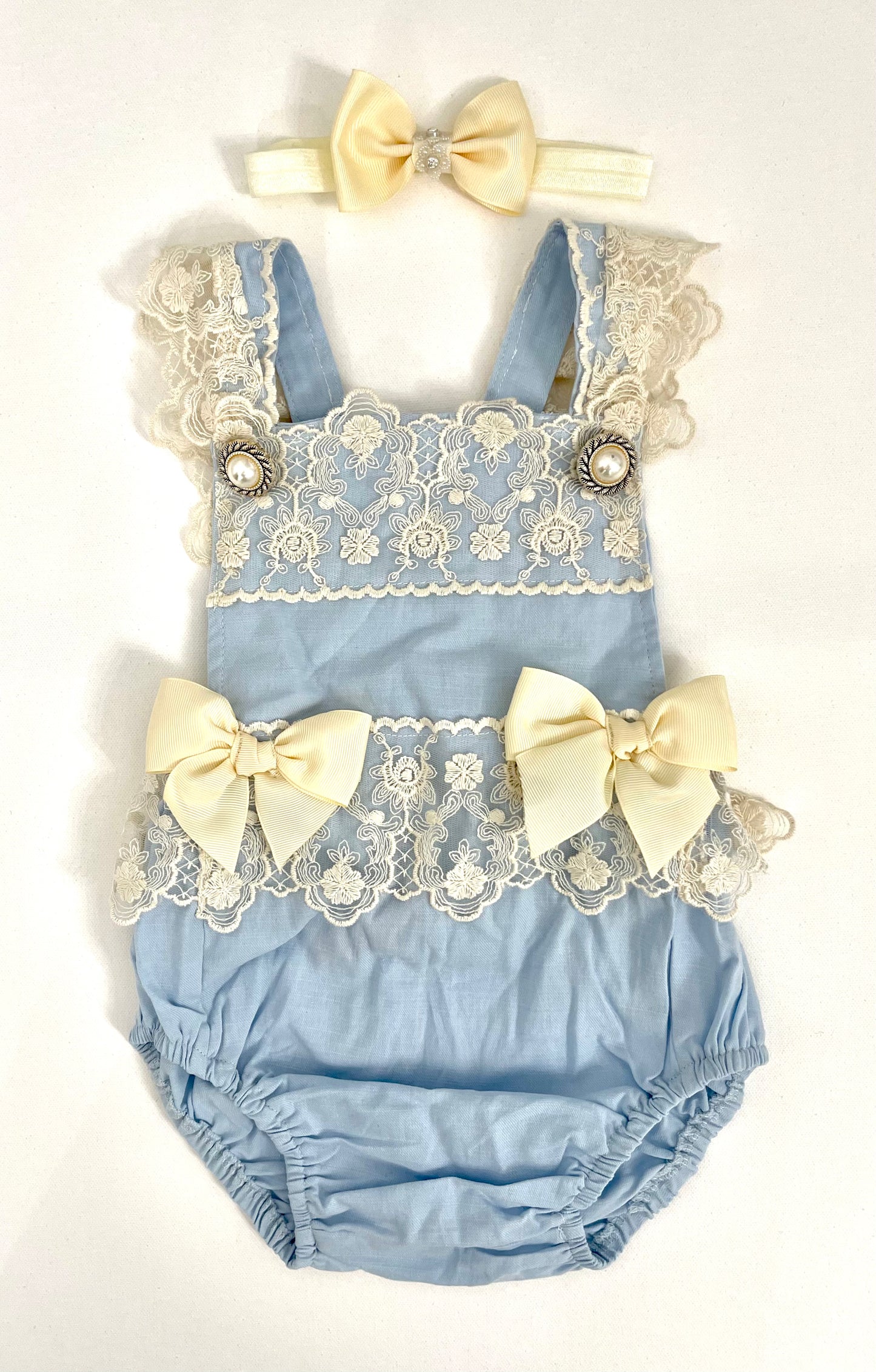 Lacey Ruffles Pearl Buttons & Bows Girl Romper Overalls