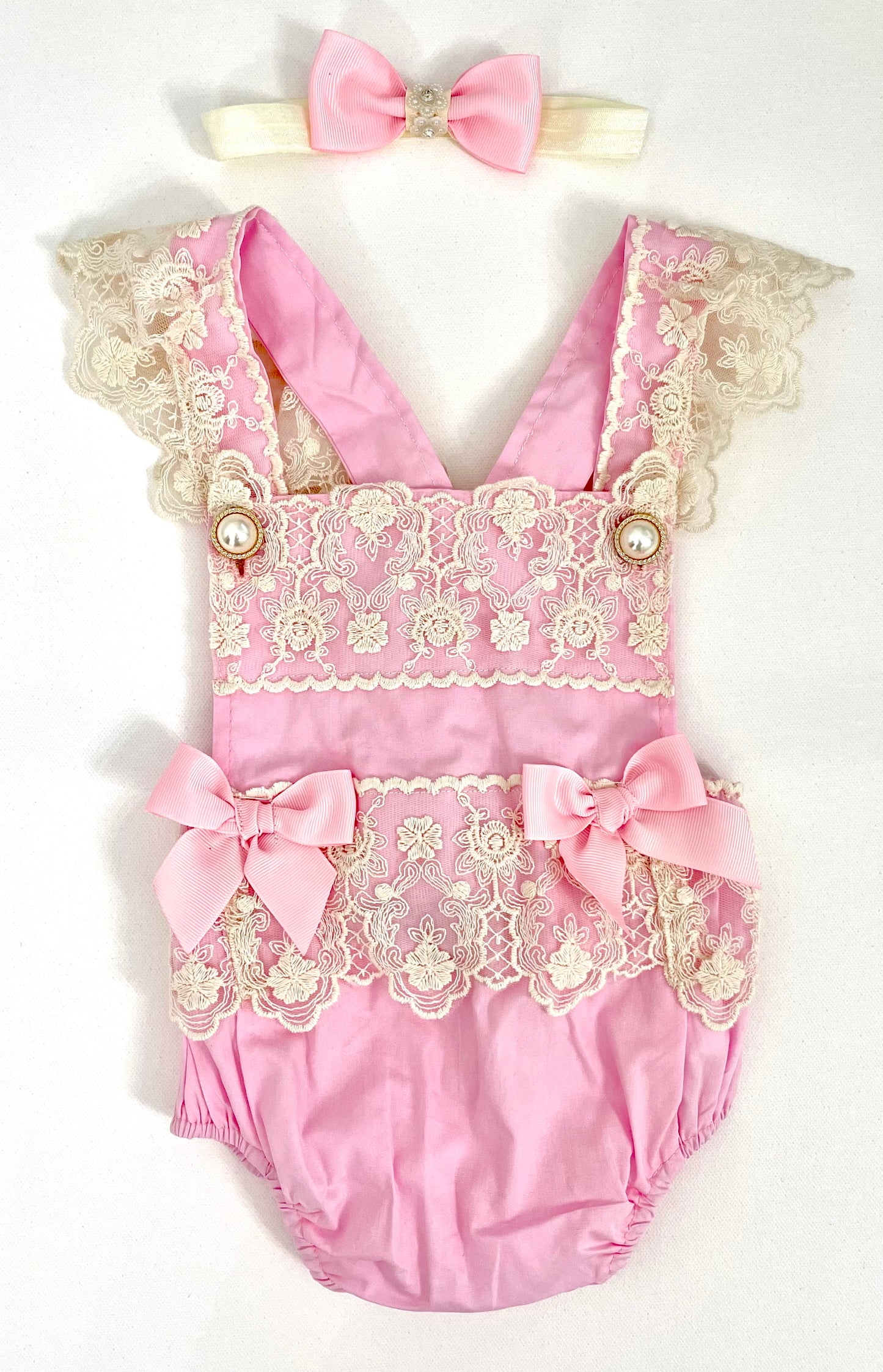 Lacey Ruffles Pearl Buttons & Bows Girl Romper Overalls