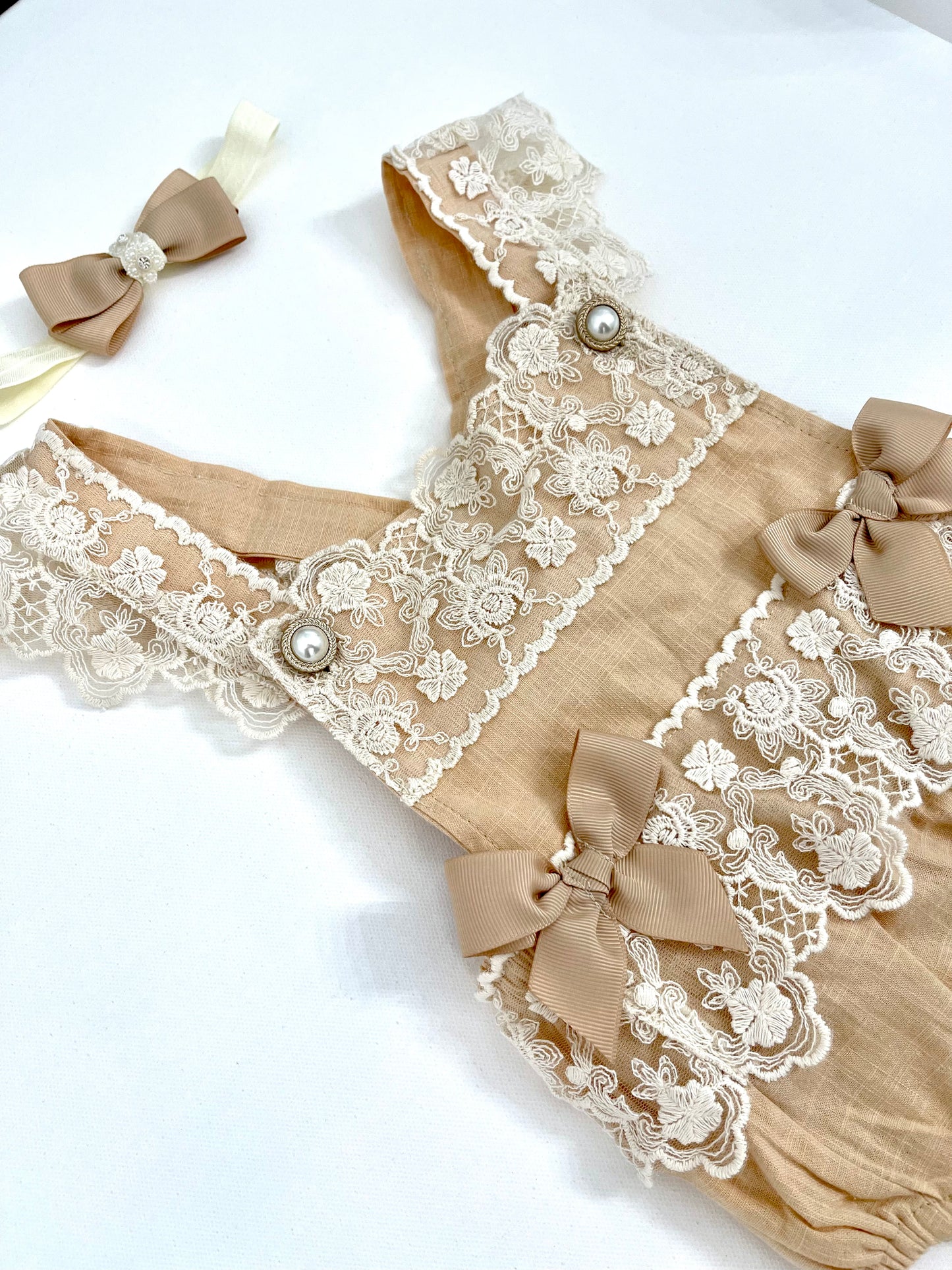 Lacey Ruffles Pearl Buttons & Bows Girl Romper Overalls