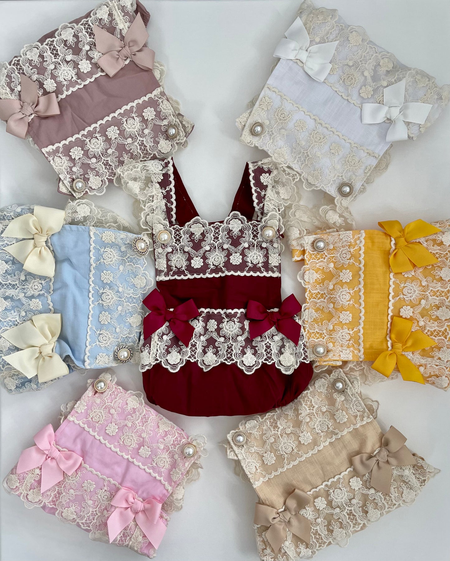 Lacey Ruffles Pearl Buttons & Bows Girl Romper Overalls