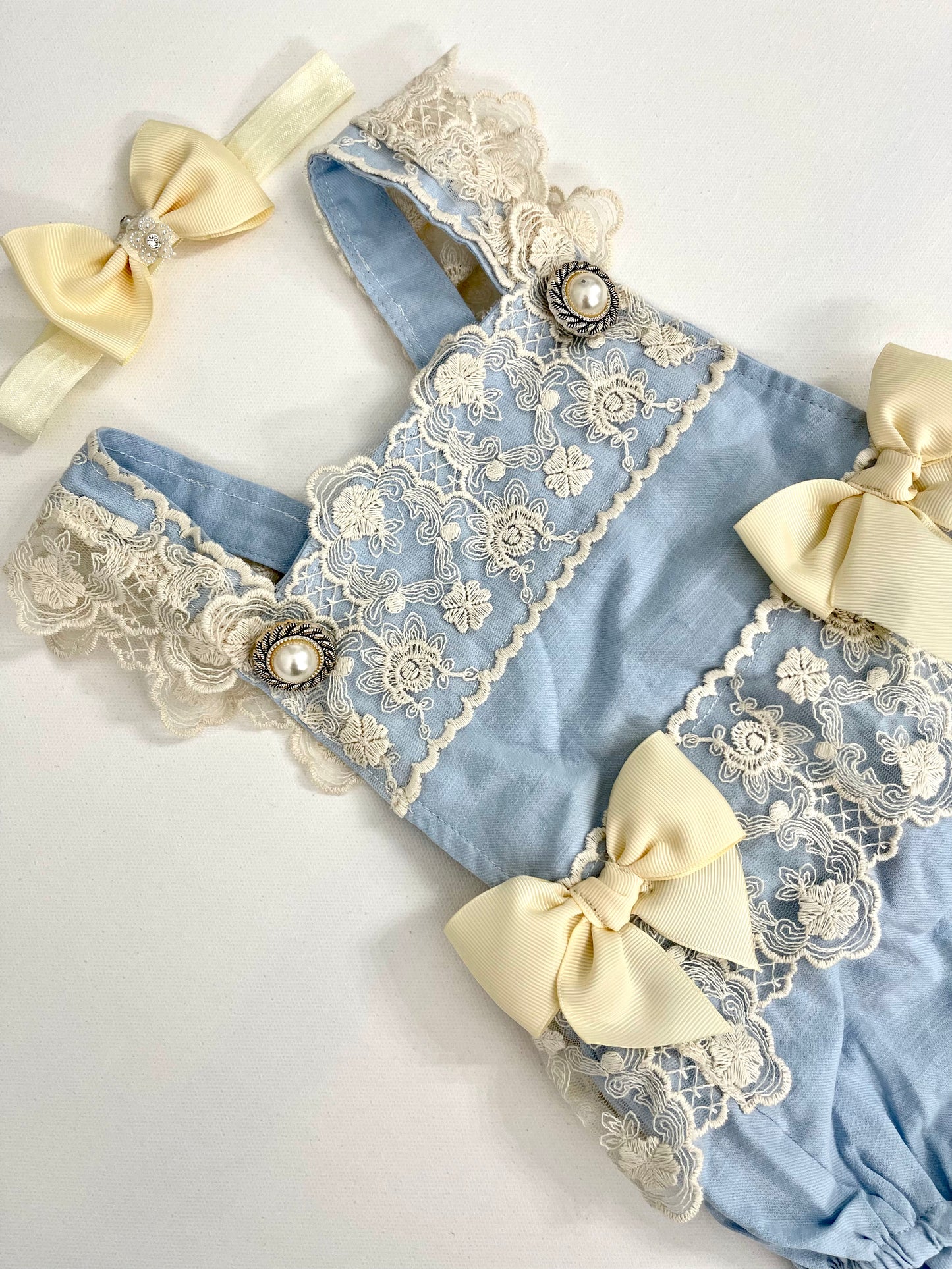 Lacey Ruffles Pearl Buttons & Bows Girl Romper Overalls