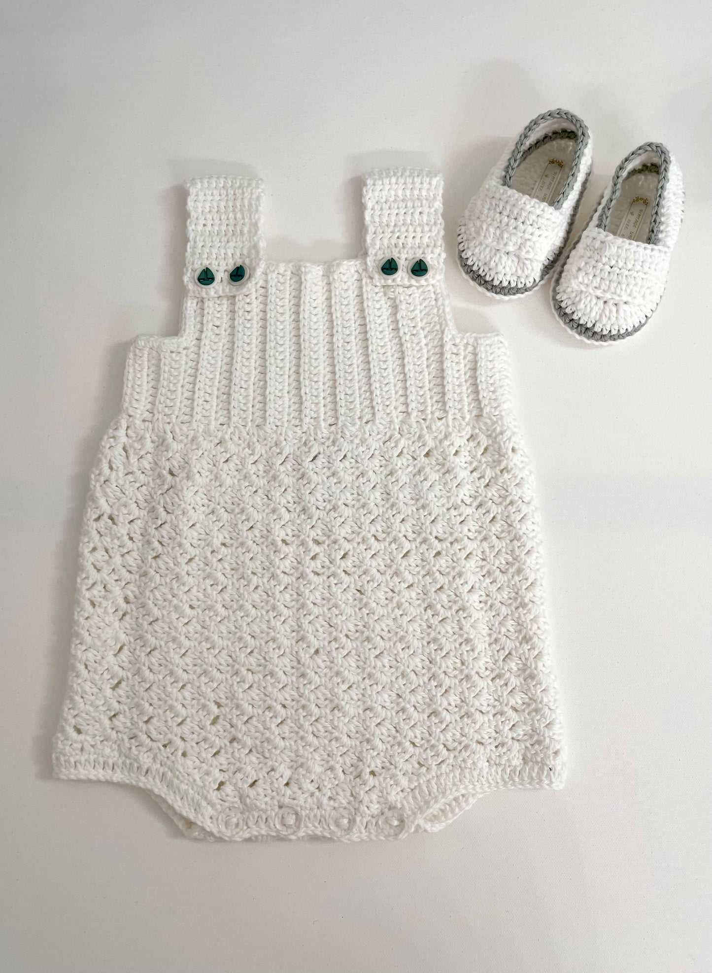 White Crochet Boy Romper with sailboat buttons Outfit Set