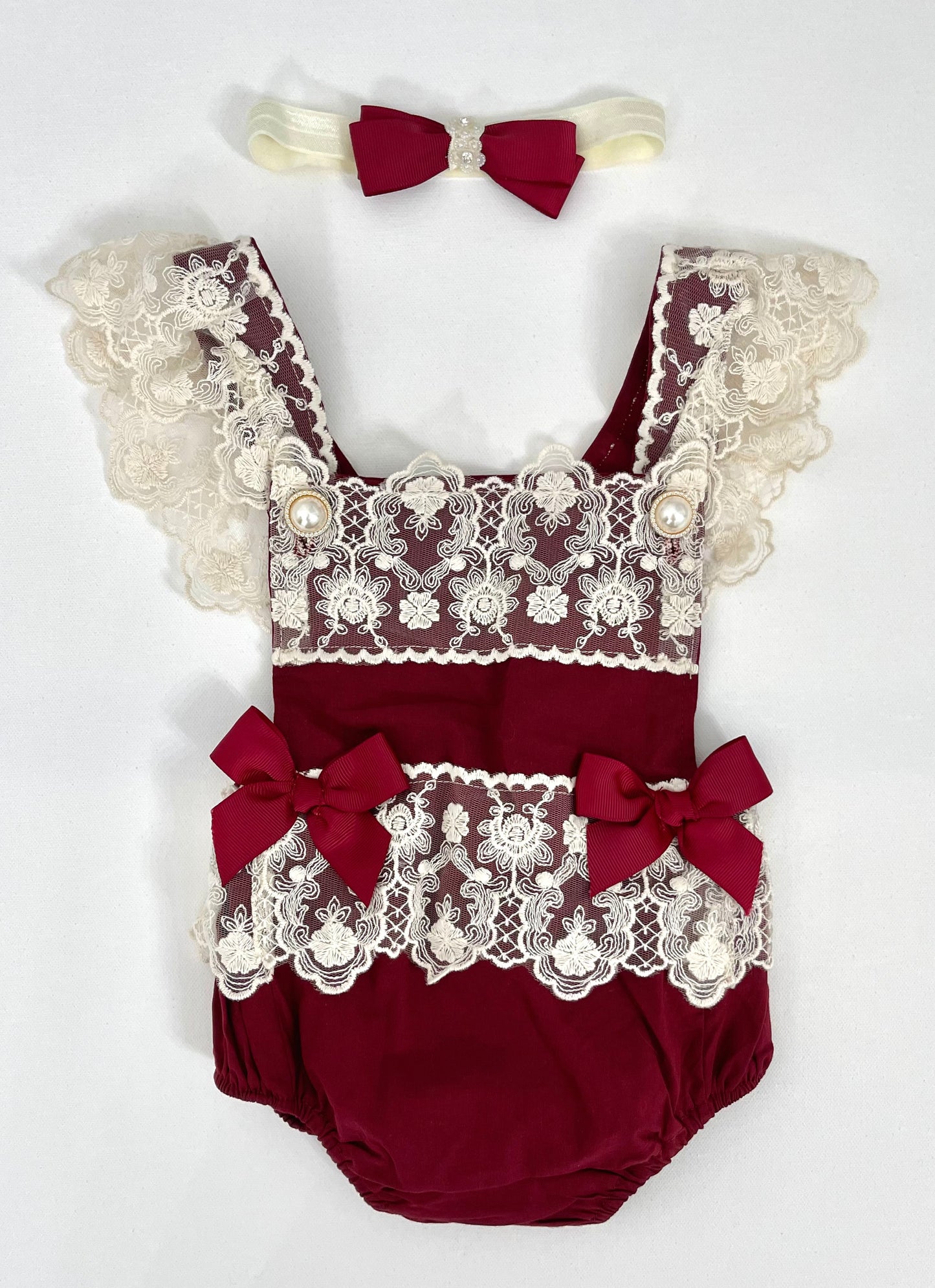 Lacey Ruffles Pearl Buttons & Bows Girl Romper Overalls