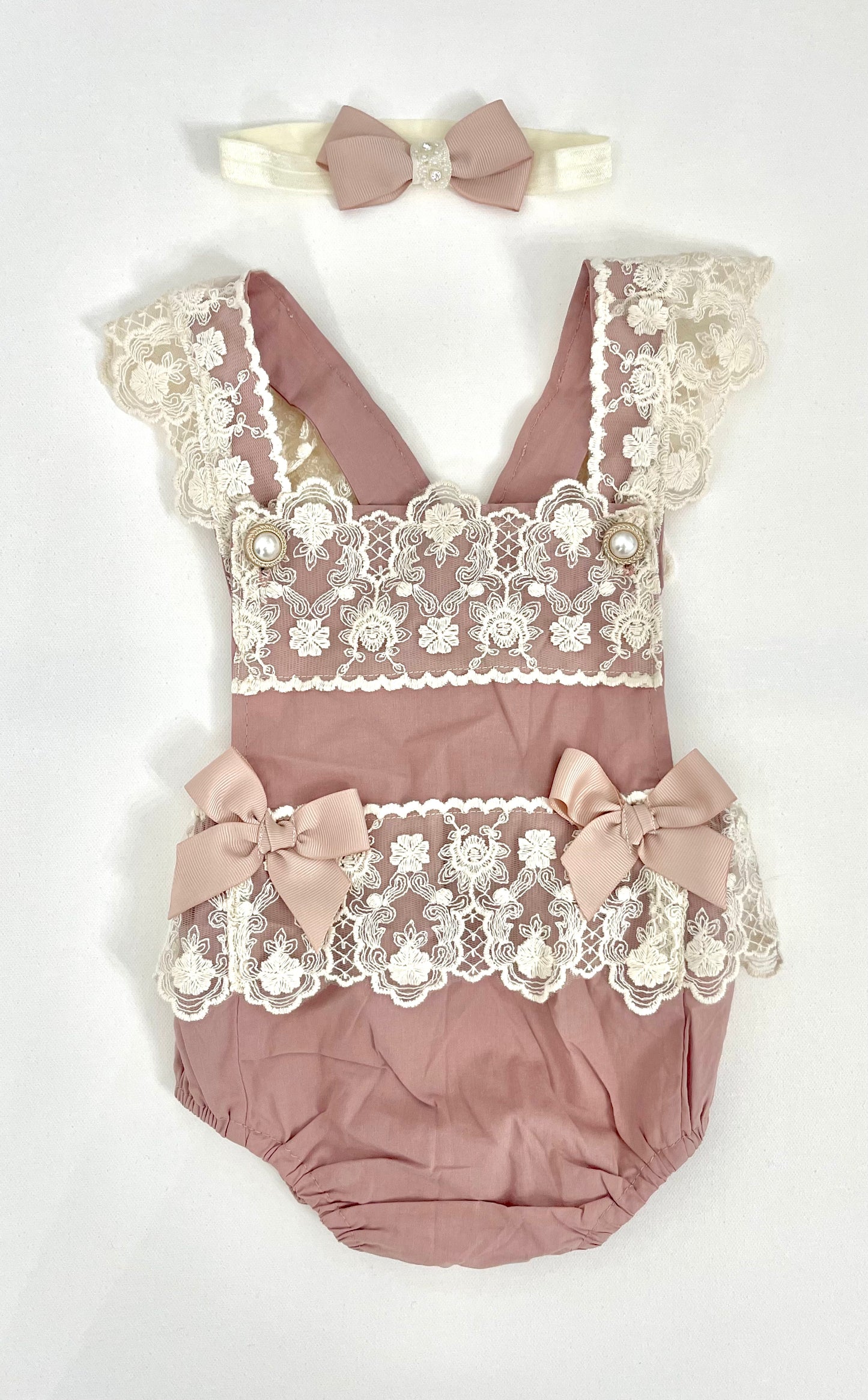 Lacey Ruffles Pearl Buttons & Bows Girl Romper Overalls