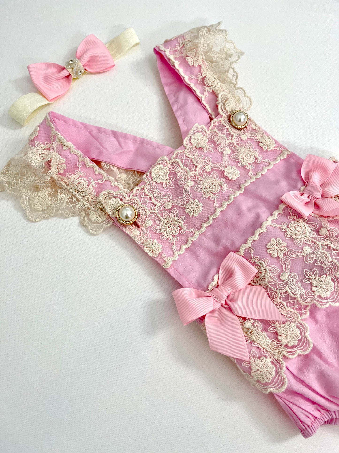 Lacey Ruffles Pearl Buttons & Bows Girl Romper Overalls