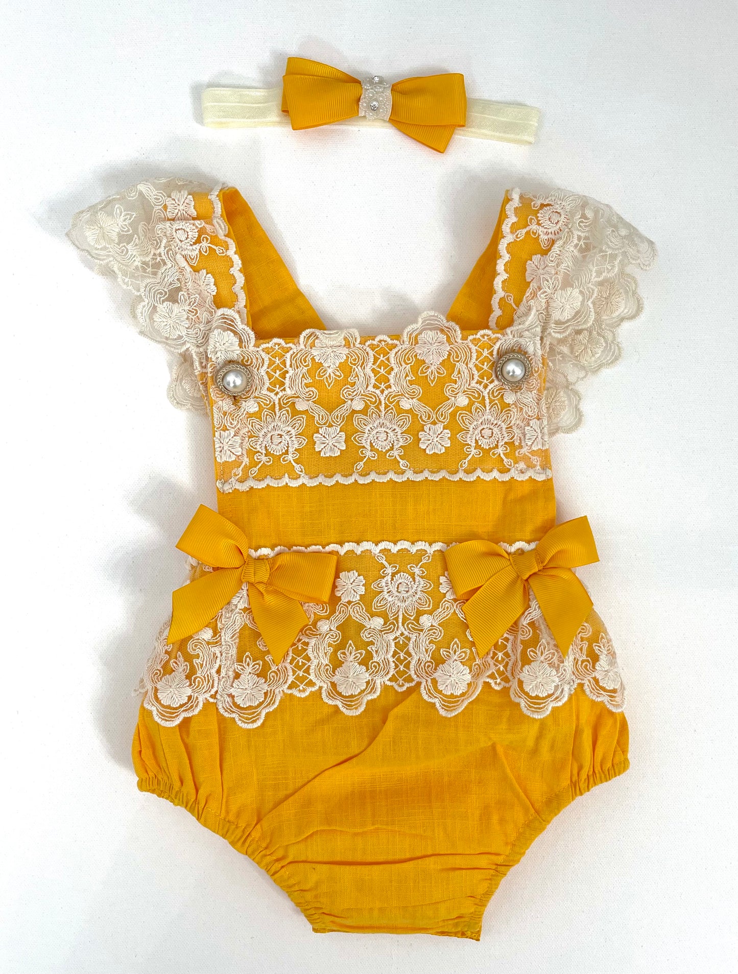 Lacey Ruffles Pearl Buttons & Bows Girl Romper Overalls