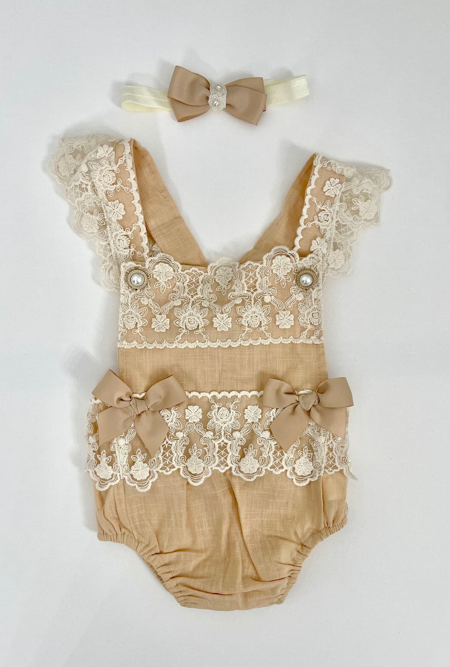 Lacey Ruffles Pearl Buttons & Bows Girl Romper Overalls