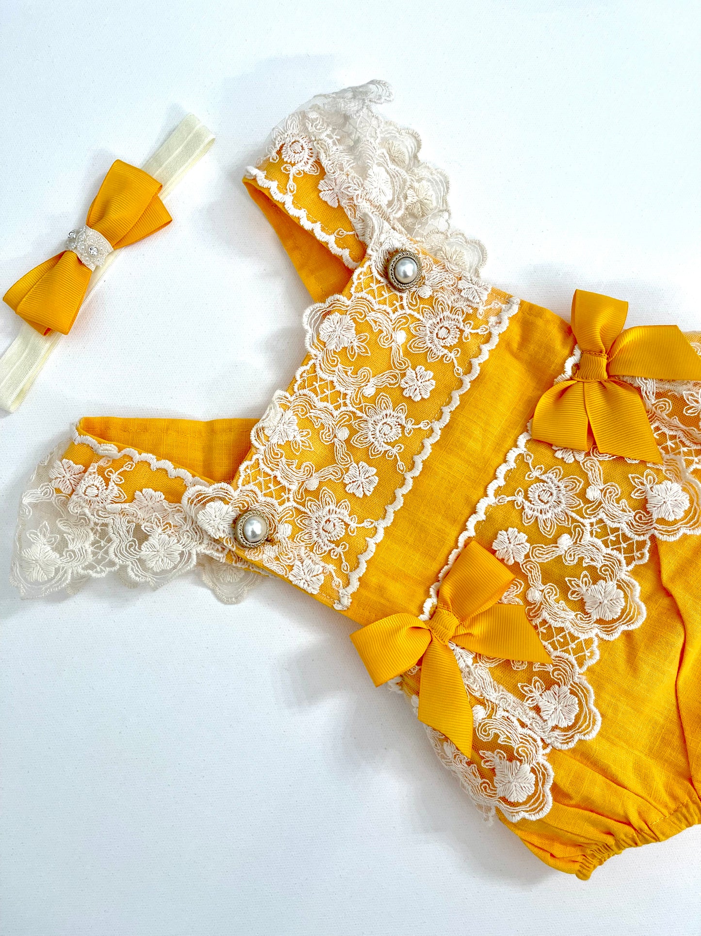 Lacey Ruffles Pearl Buttons & Bows Girl Romper Overalls