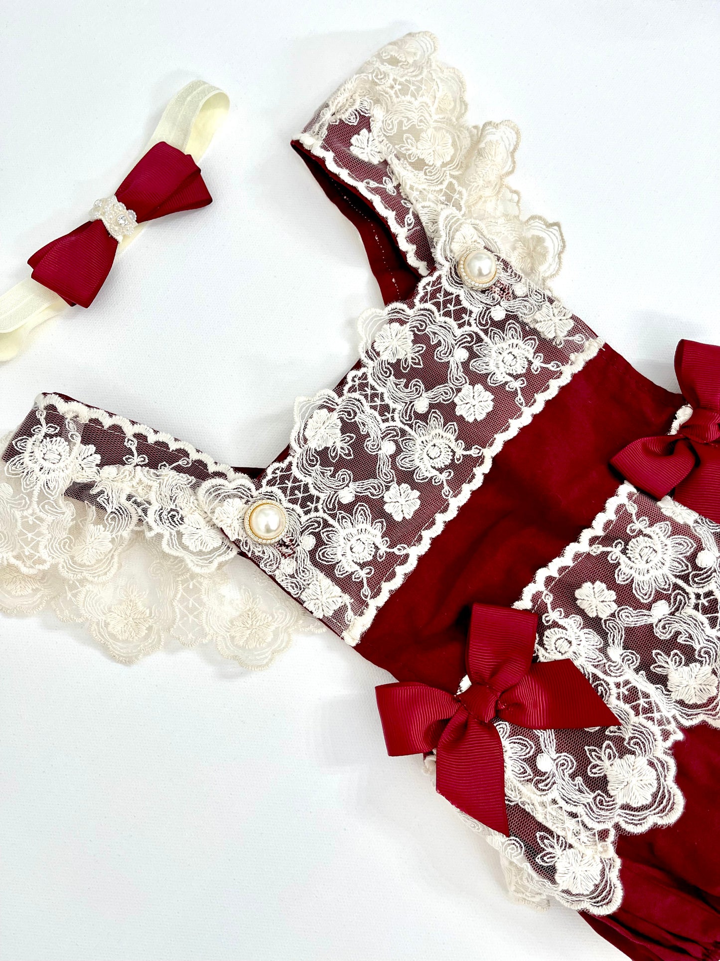 Lacey Ruffles Pearl Buttons & Bows Girl Romper Overalls