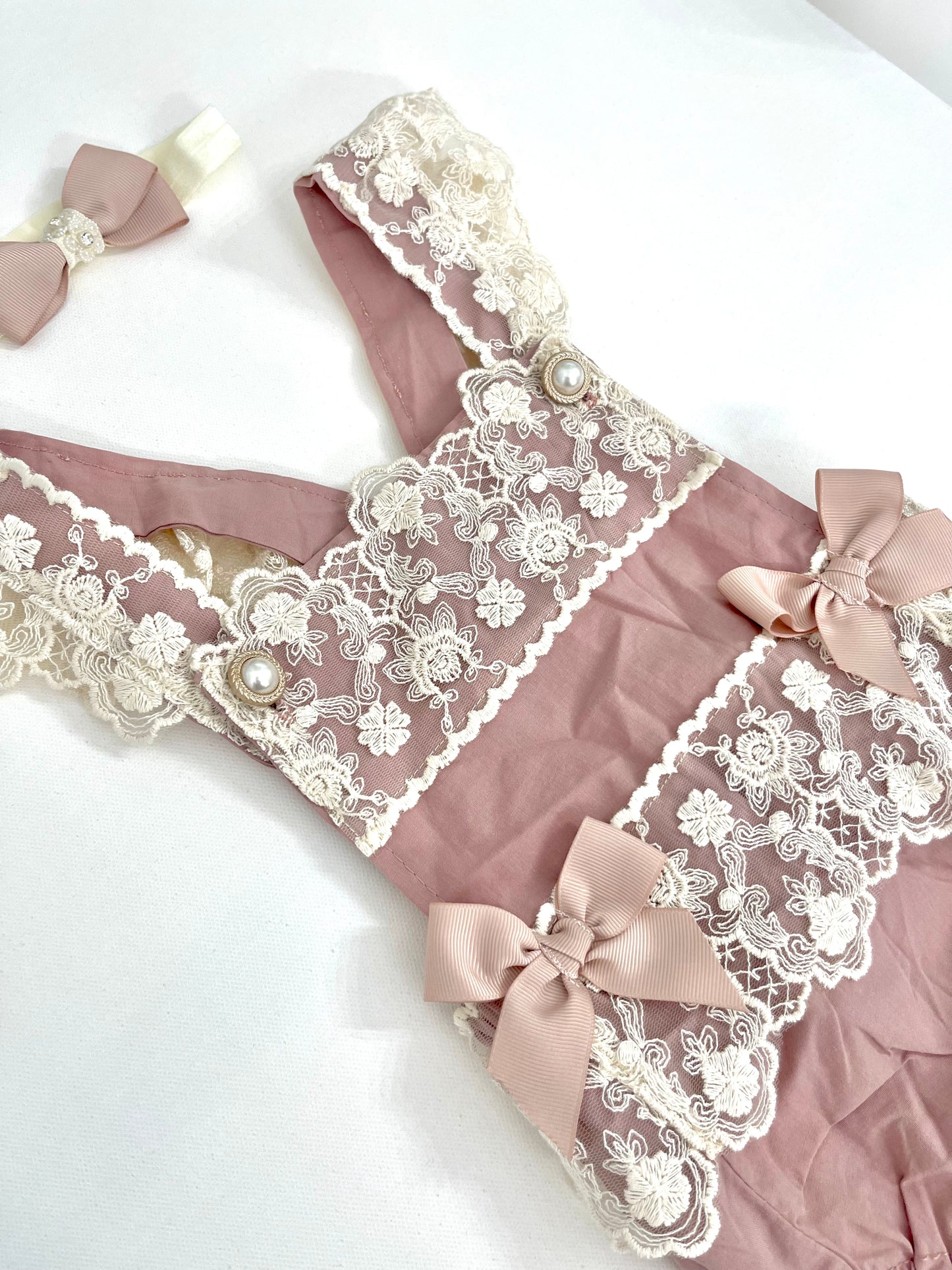 Lacey Ruffles Pearl Buttons & Bows Girl Romper Overalls