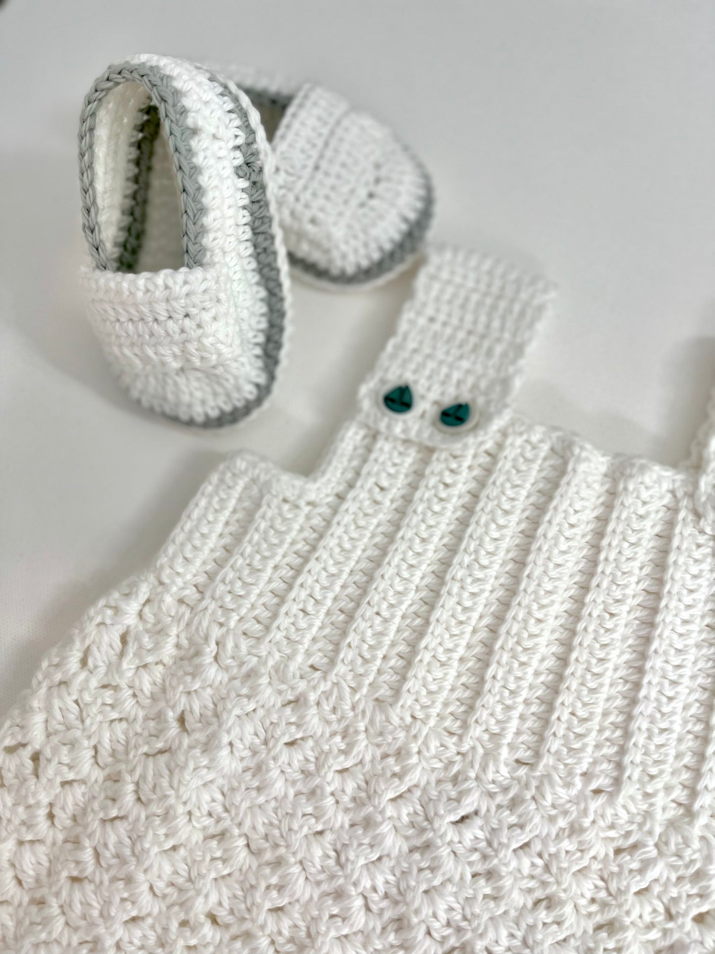 White Crochet Boy Romper with sailboat buttons Outfit Set