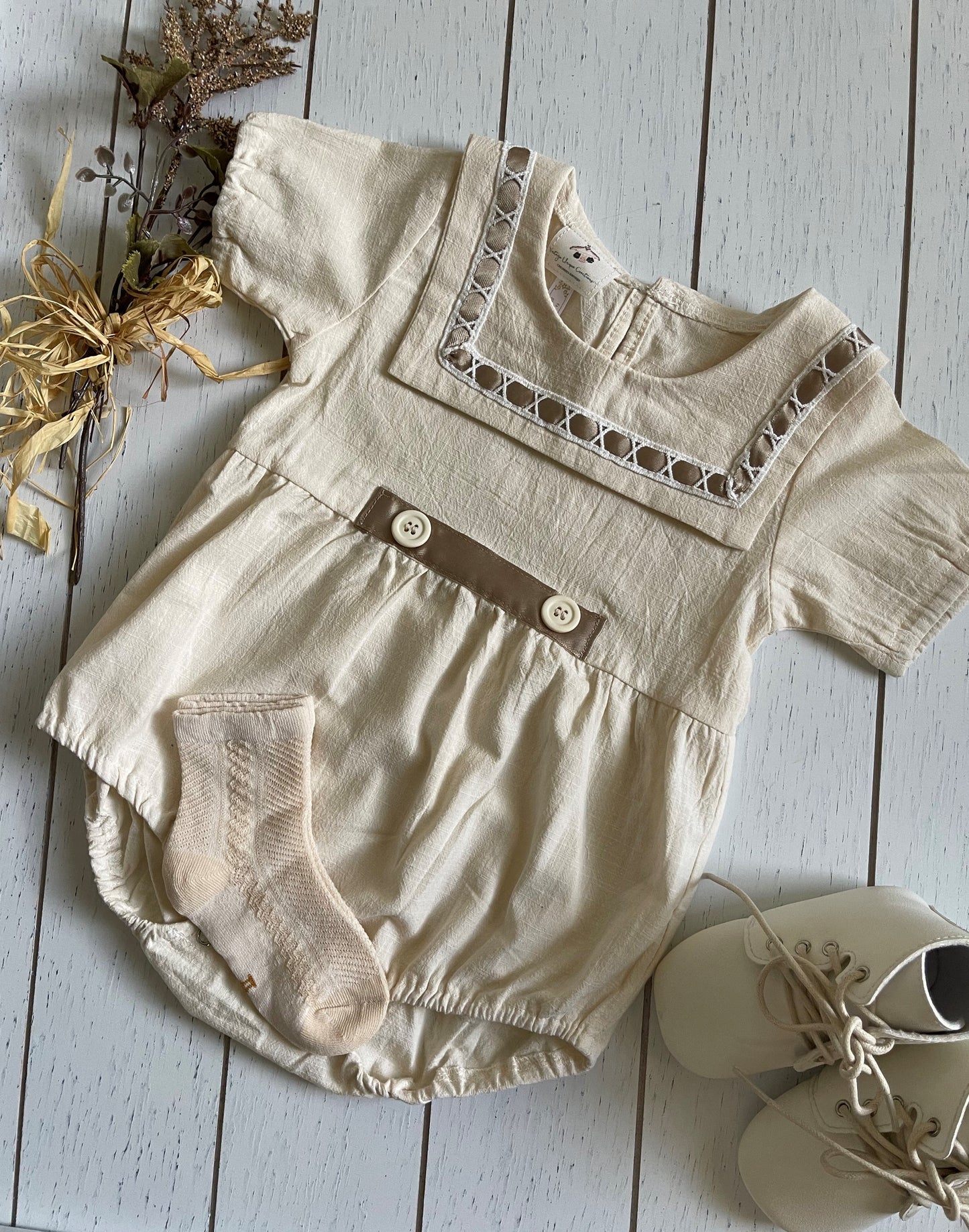 Vintage Beige Cotton Boy Romper