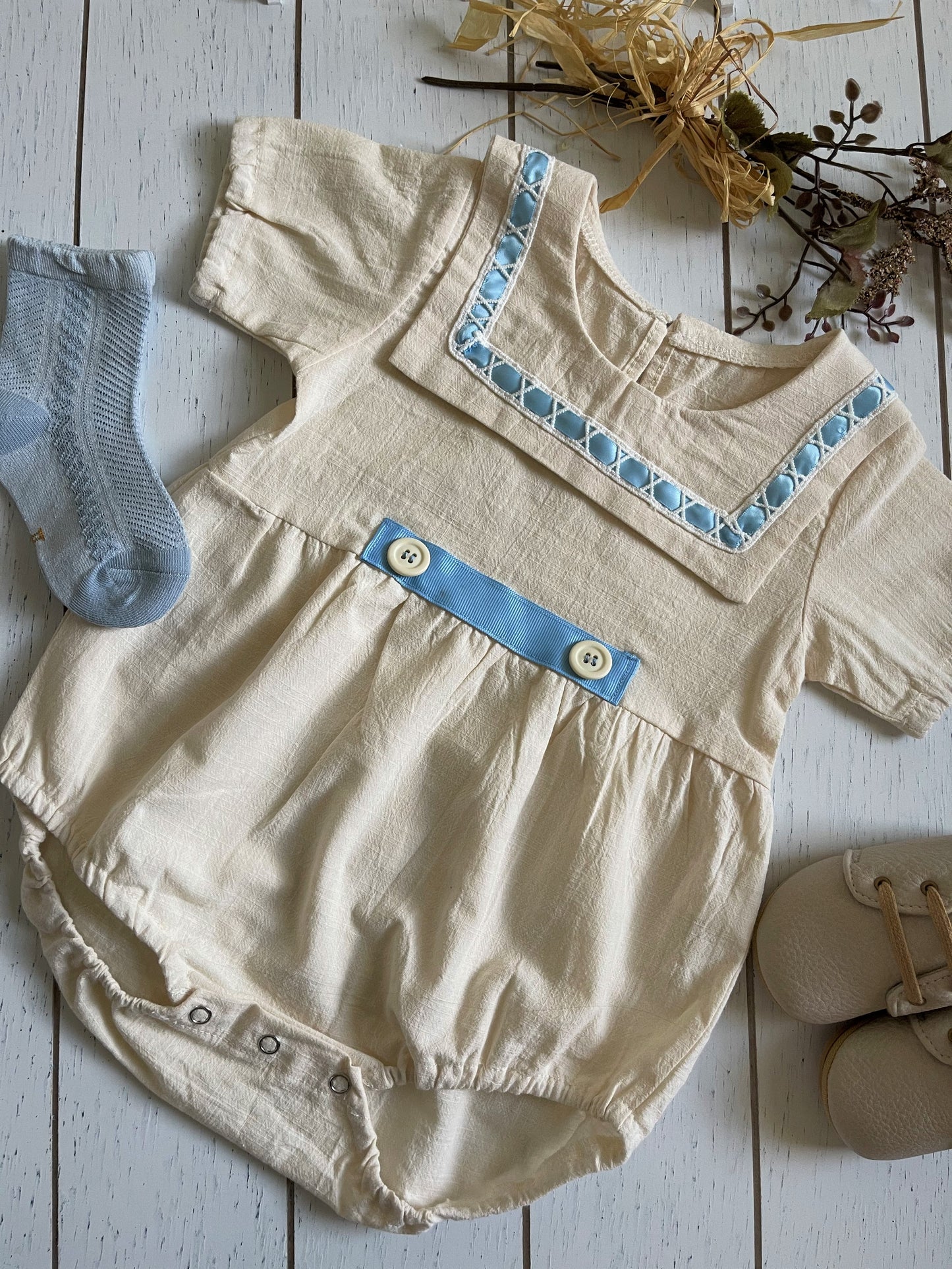 Vintage Beige Cotton Boy Romper