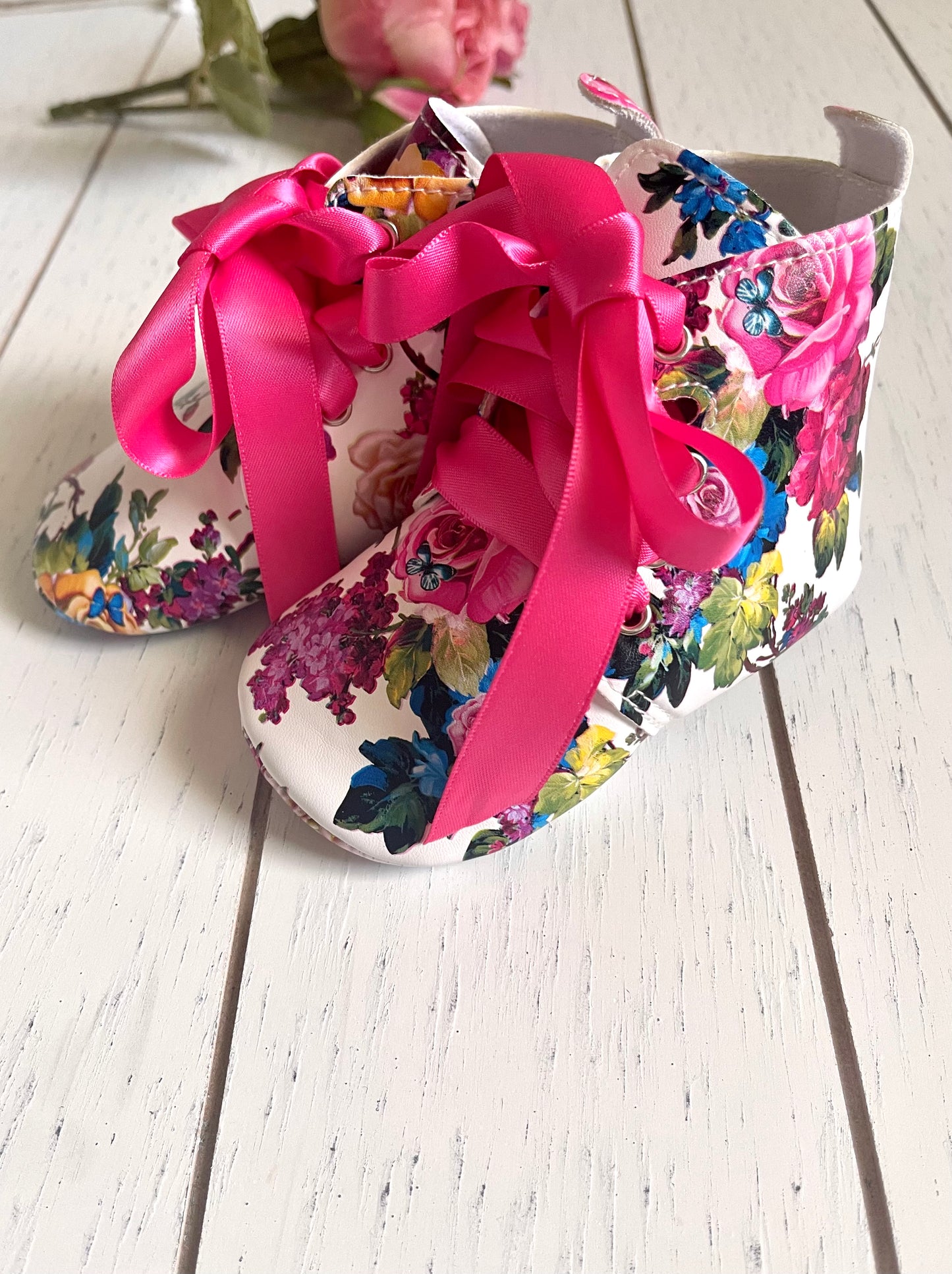 Vintage Floral PU leather high top, girl shoes