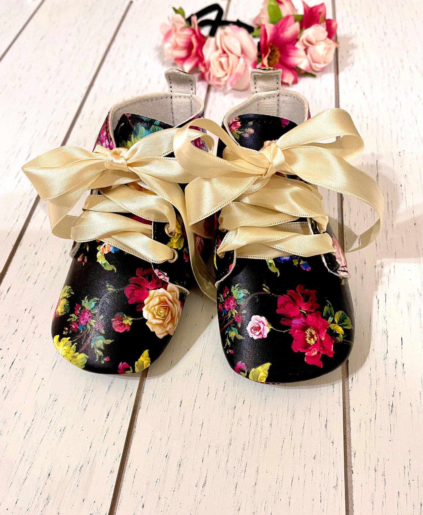 Vintage Floral PU leather high top, girl shoes