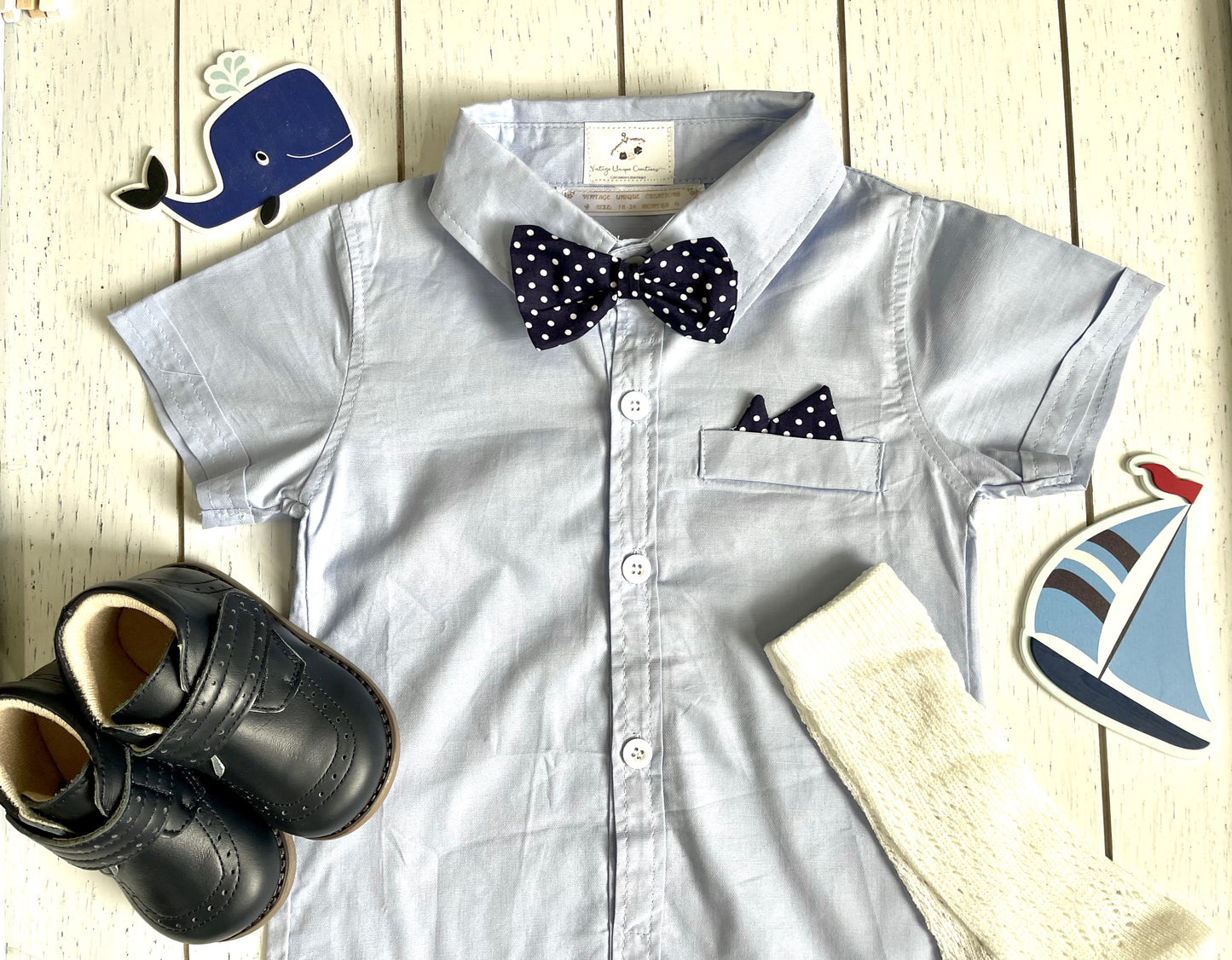 Boy Outfit Set, White Shorts, Suspenders, Blue Shirt & Bowtie