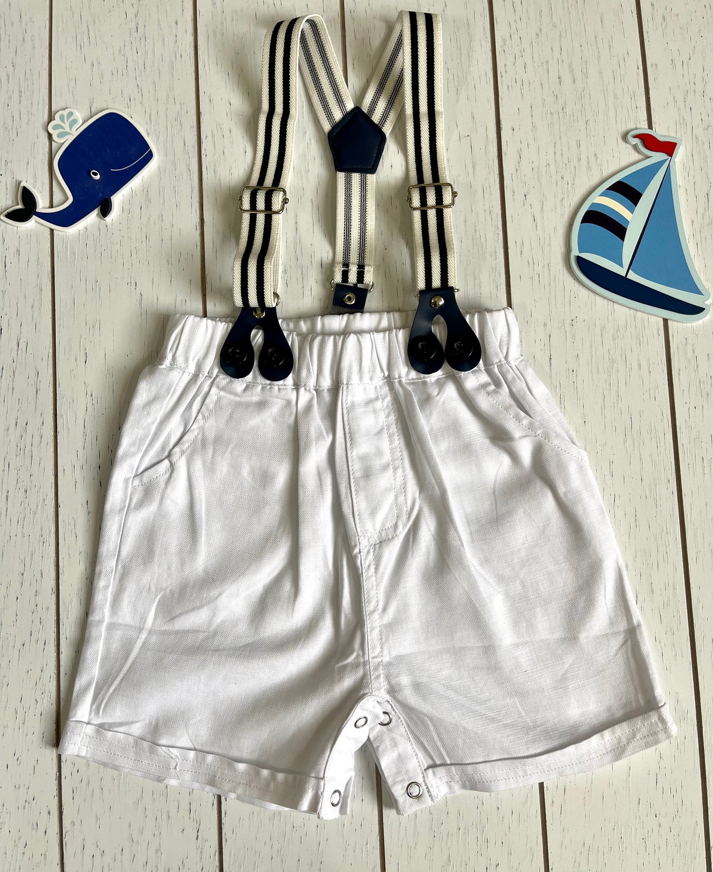 Boy Outfit Set, White Shorts, Suspenders, Blue Shirt & Bowtie