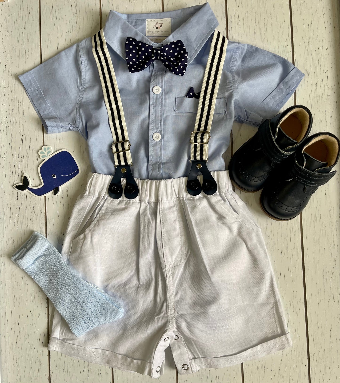 Boy Outfit Set, White Shorts, Suspenders, Blue Shirt & Bowtie
