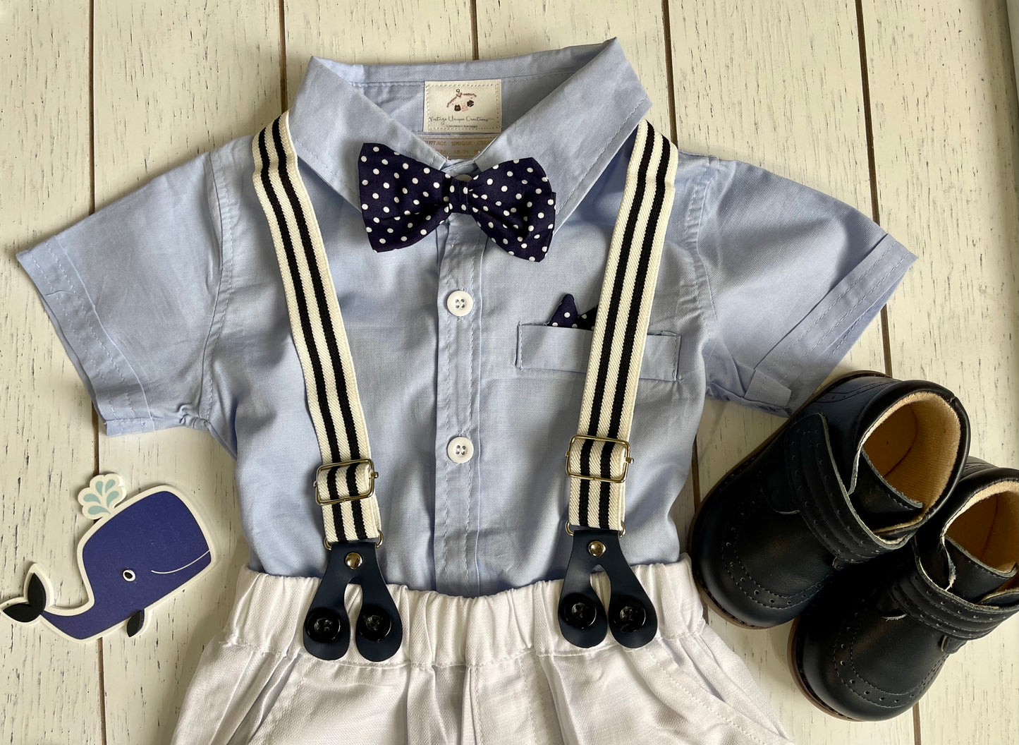 Boy Outfit Set, White Shorts, Suspenders, Blue Shirt & Bowtie