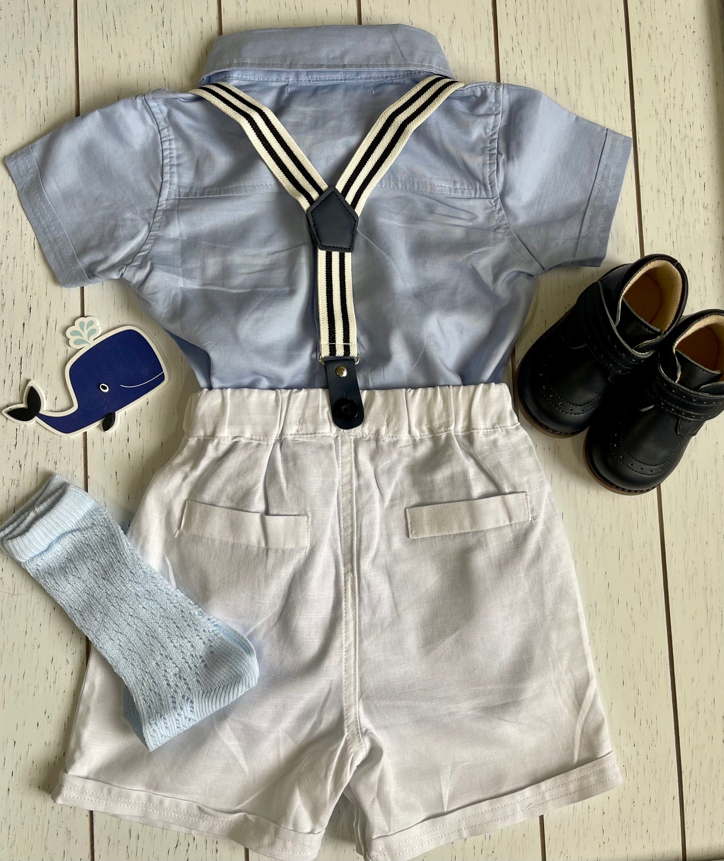 Boy Outfit Set, White Shorts, Suspenders, Blue Shirt & Bowtie