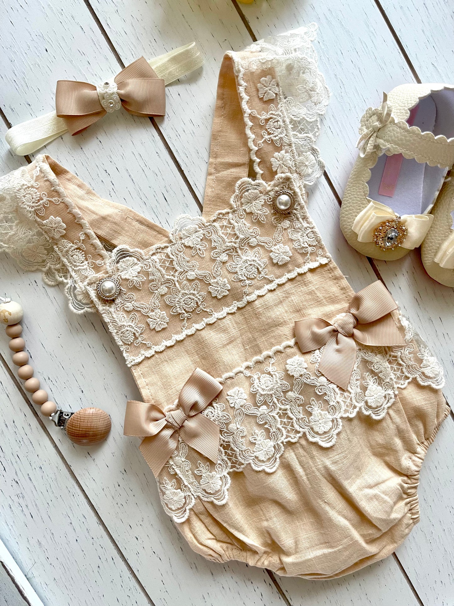 Lacey Ruffles Pearl Buttons & Bows Girl Romper Overalls