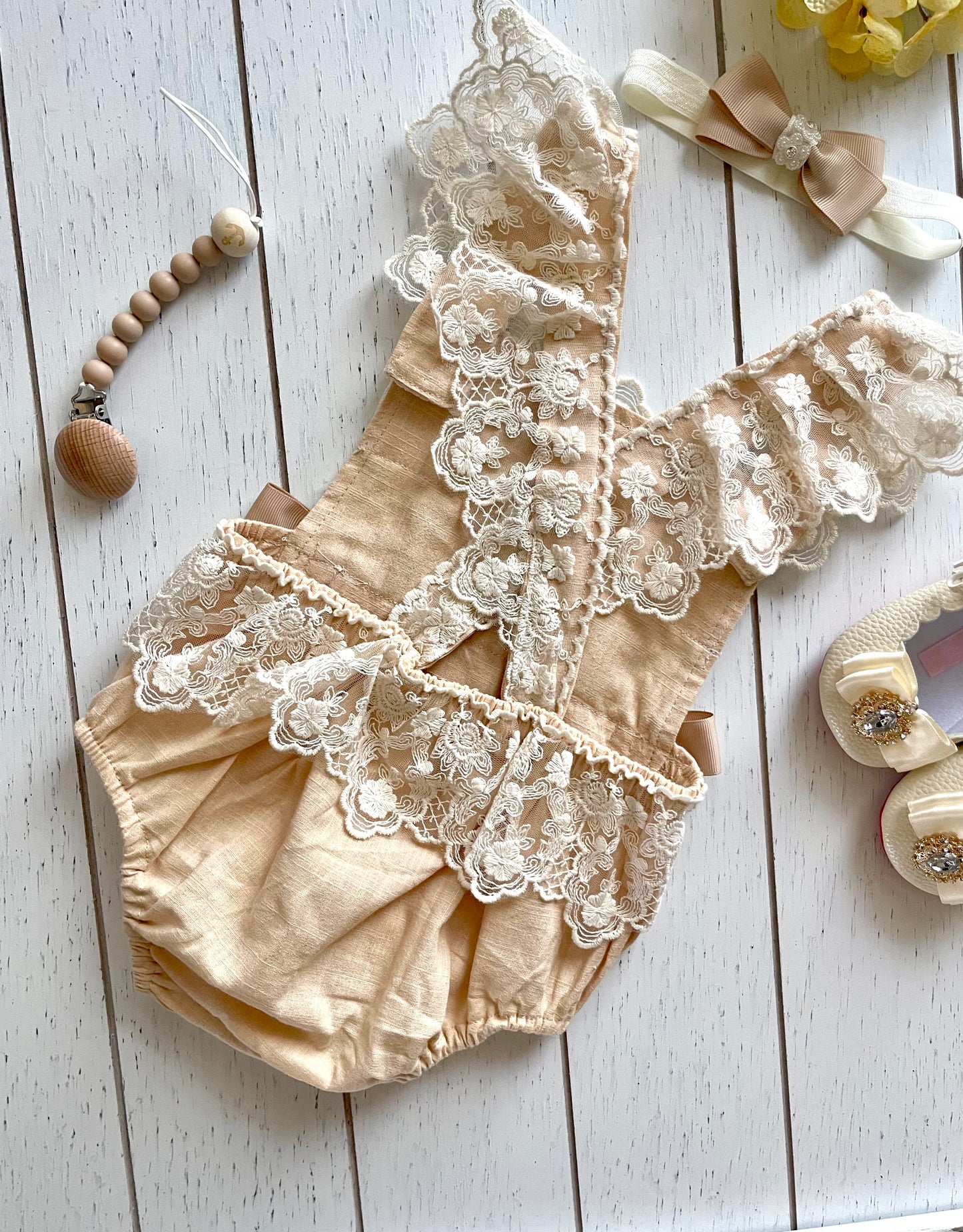 Lacey Ruffles Pearl Buttons & Bows Girl Romper Overalls