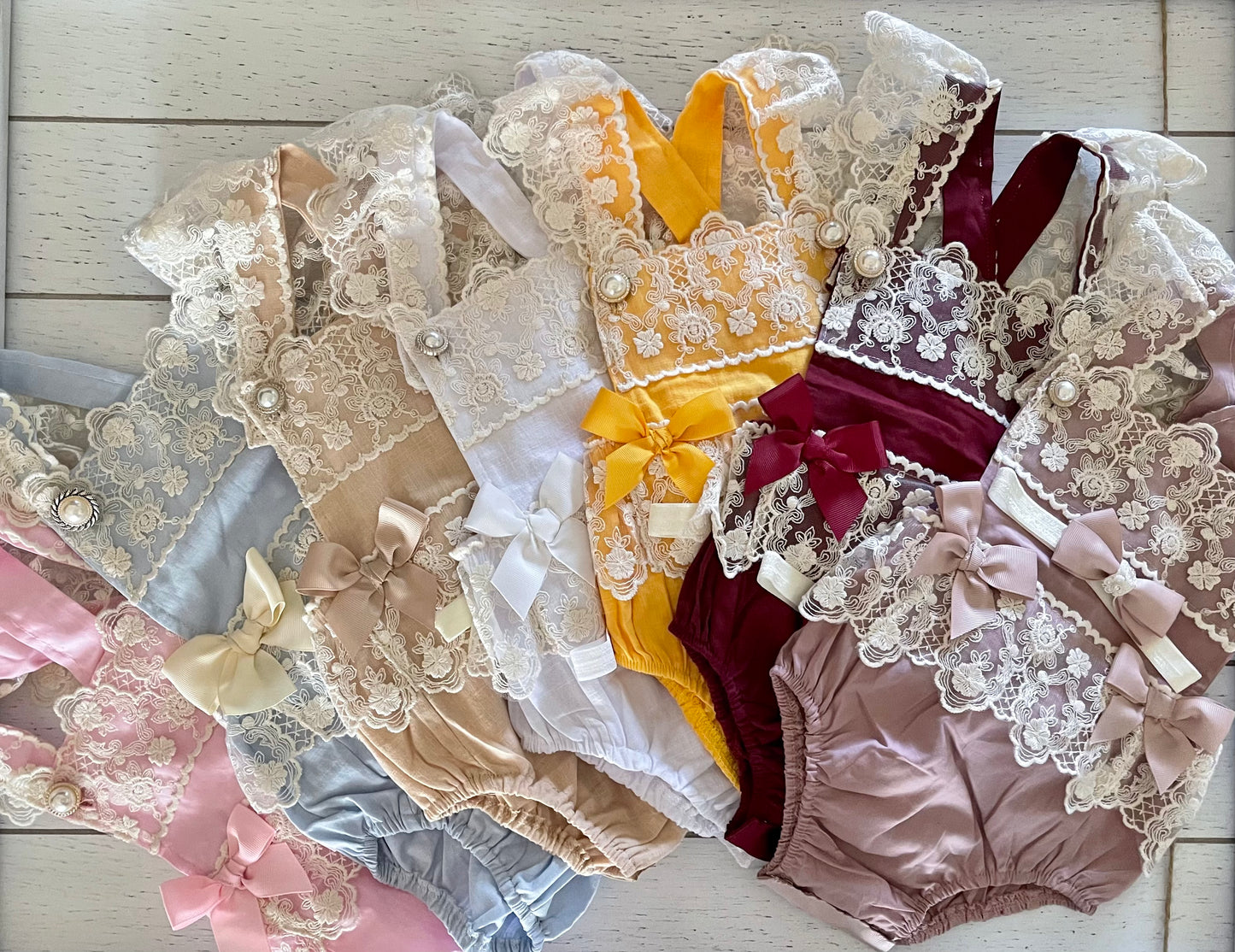 Lacey Ruffles Pearl Buttons & Bows Girl Romper Overalls