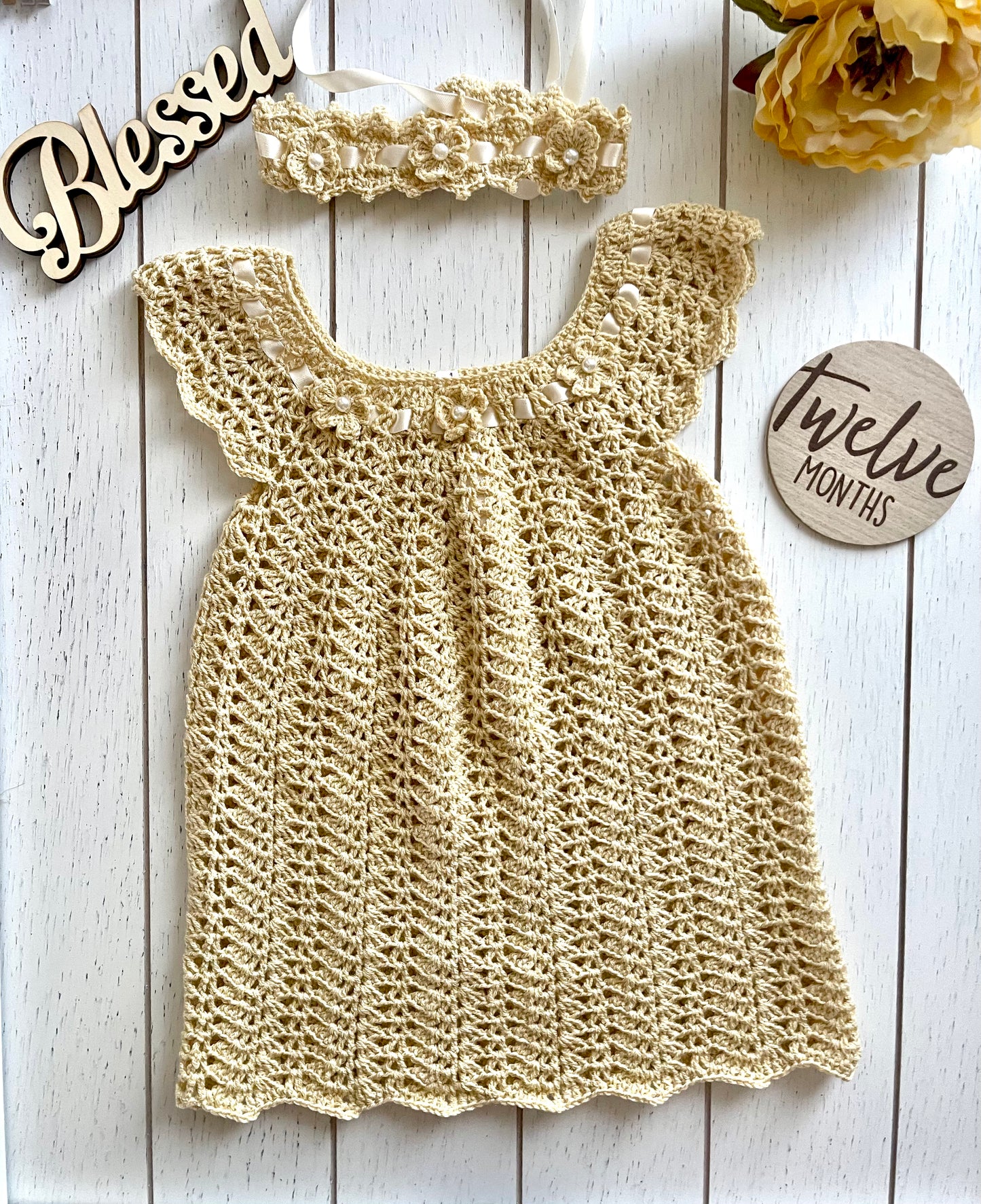 Tan Crochet Girl Dress with Flowers & Pearls