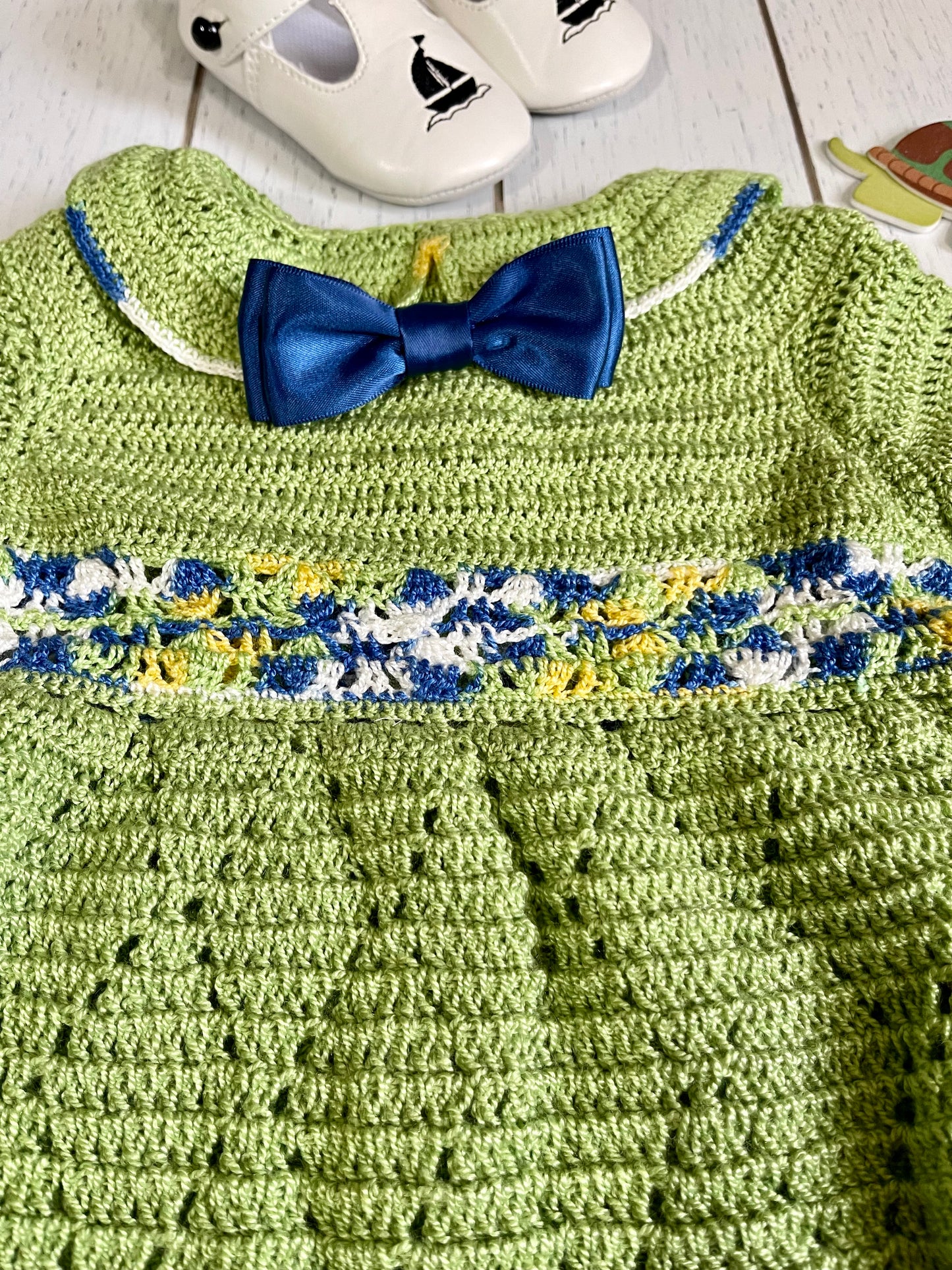 Short Sleeve, Pear Green Crochet Peter Pan Collar Boy Romper