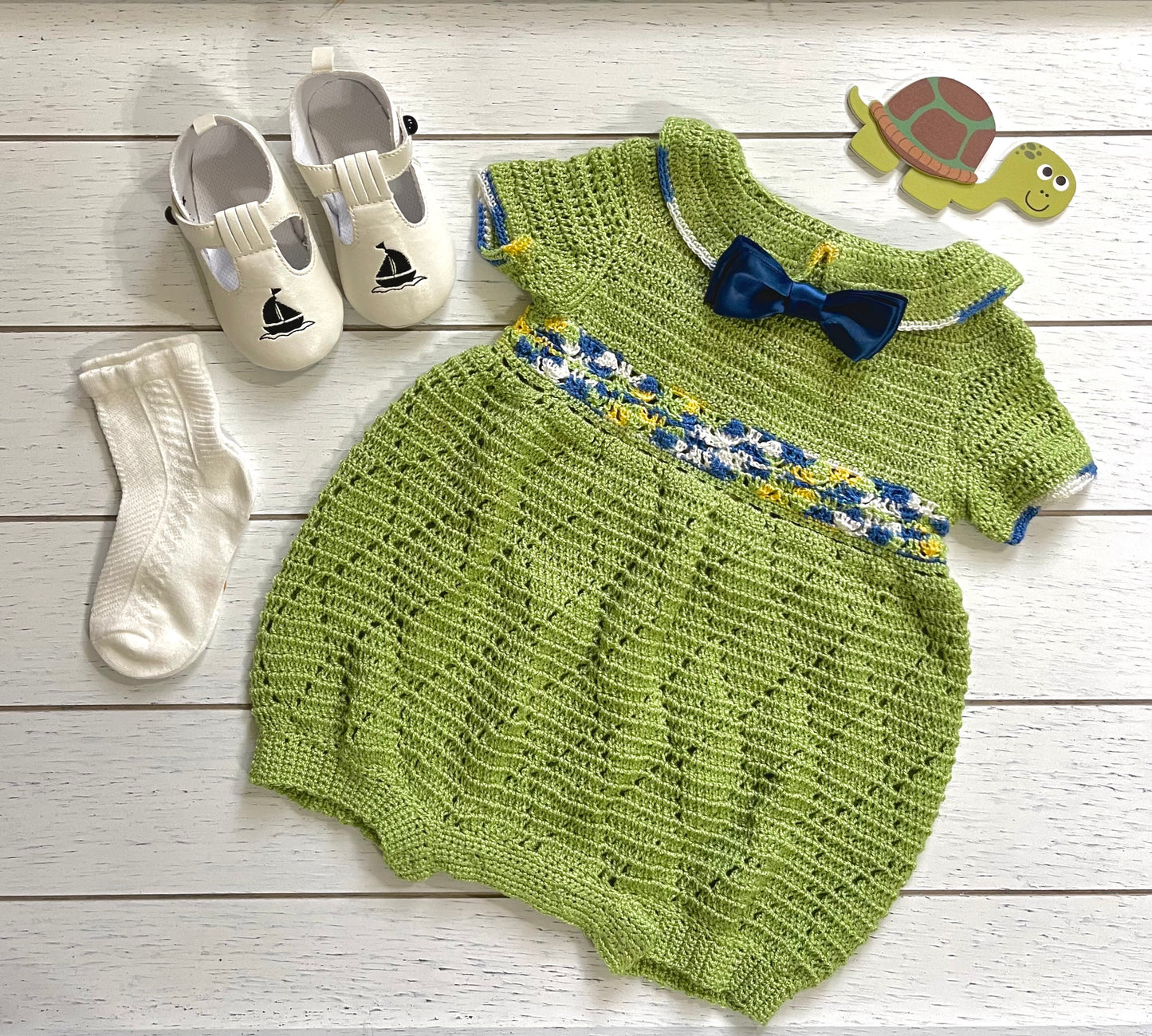 Short Sleeve, Pear Green Crochet Peter Pan Collar Boy Romper