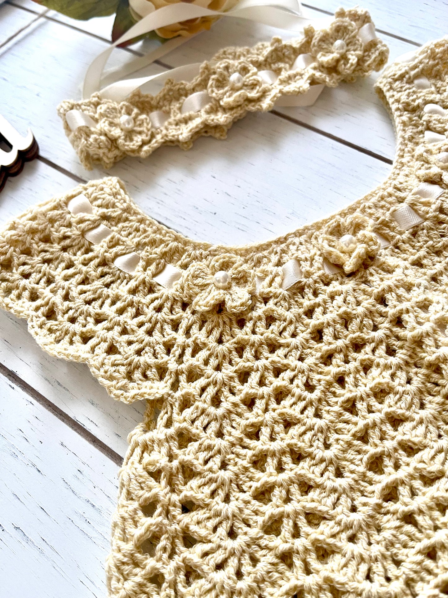 Tan Crochet Girl Dress with Flowers & Pearls