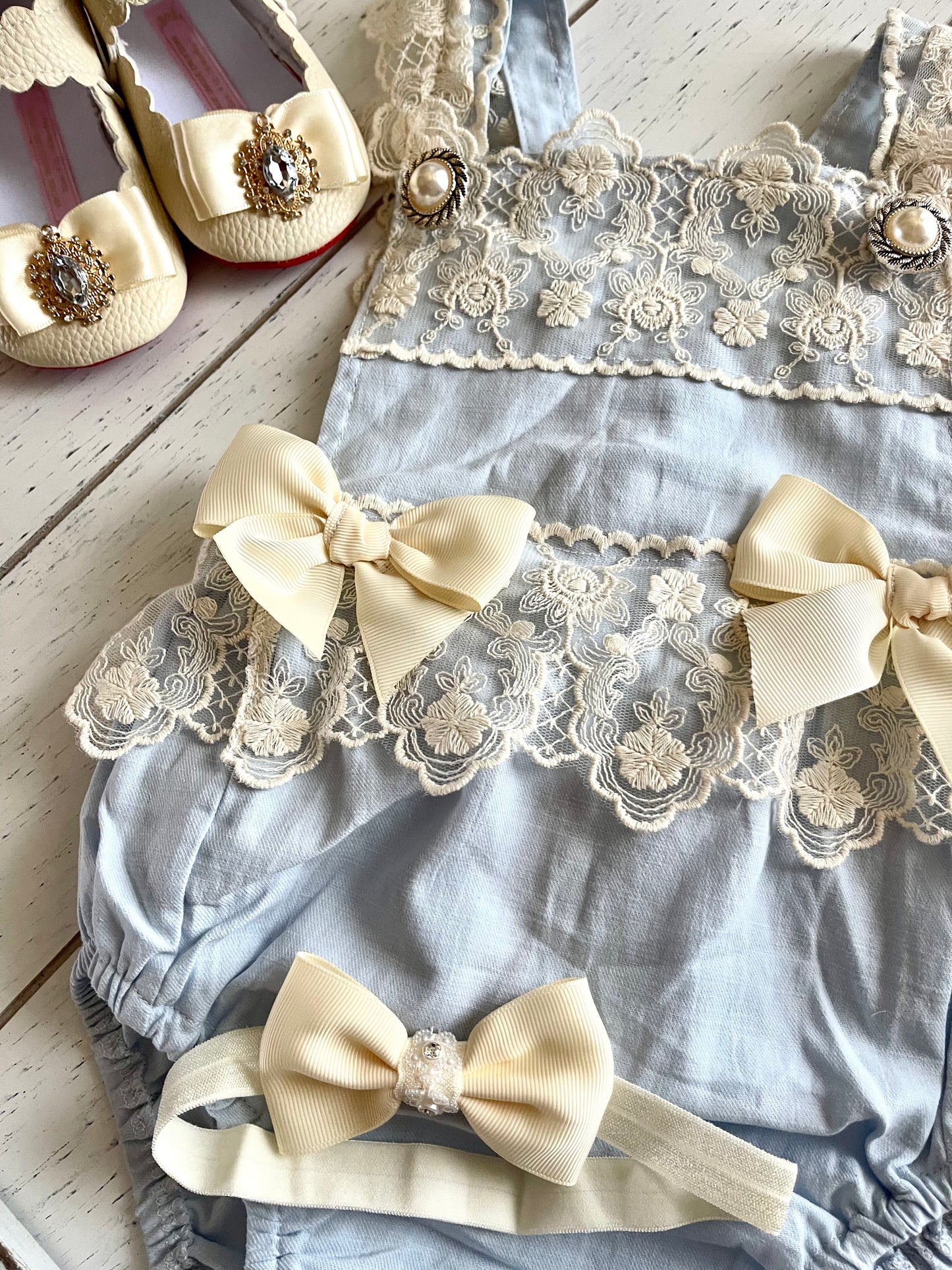 Lacey Ruffles Pearl Buttons & Bows Girl Romper Overalls
