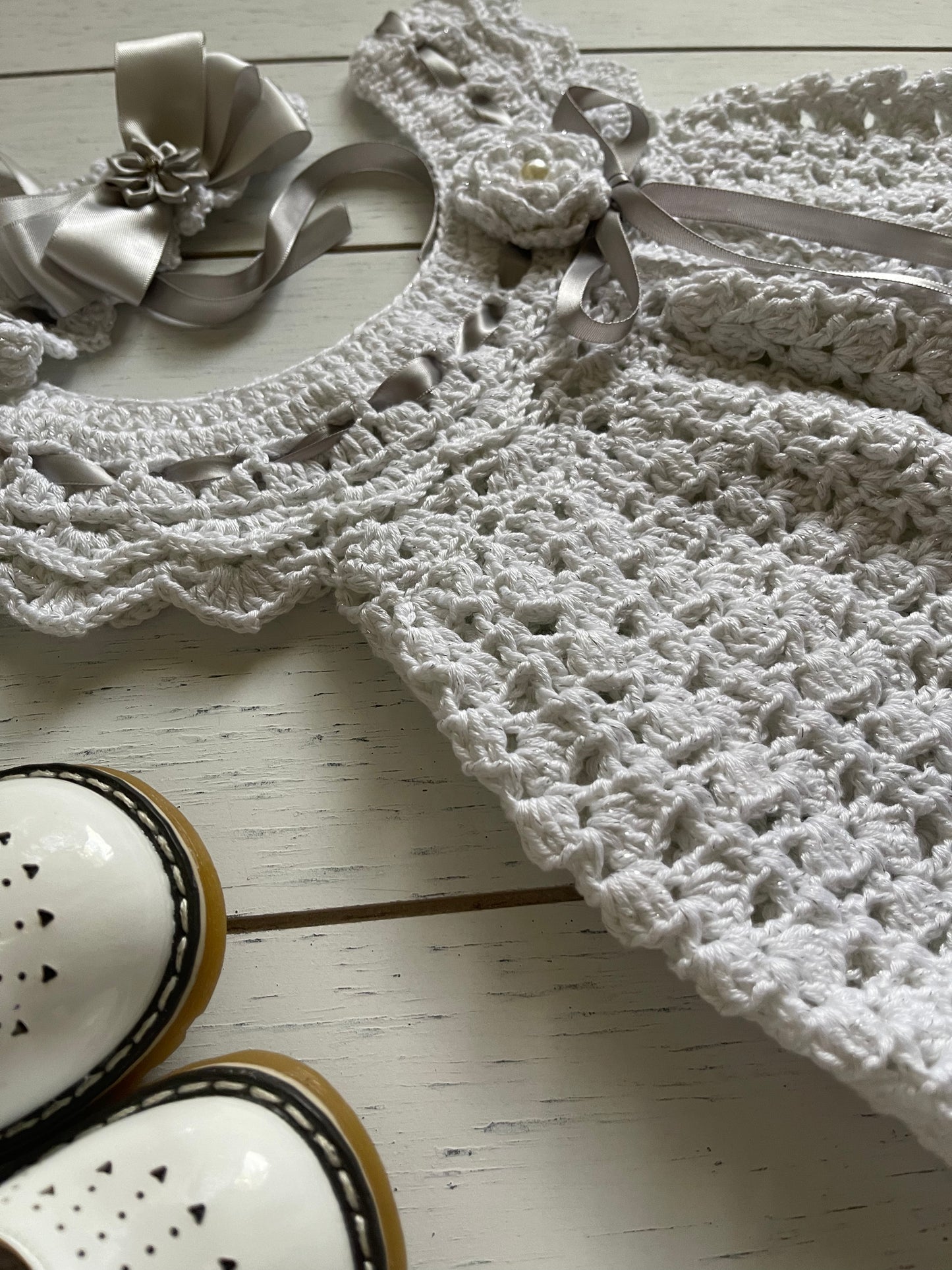 White & Silver Crochet Girl Dress With Ribbons