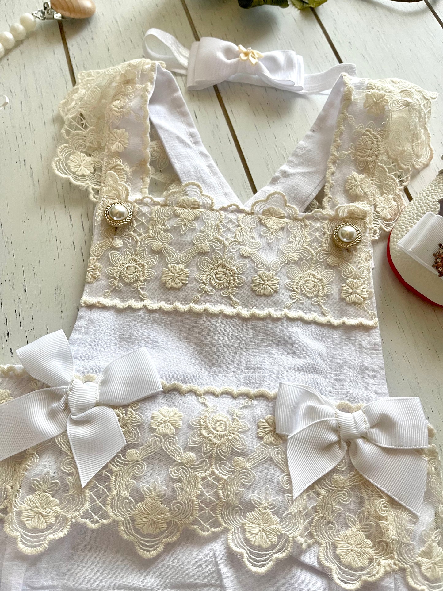 Lacey Ruffles Pearl Buttons & Bows Girl Romper Overalls