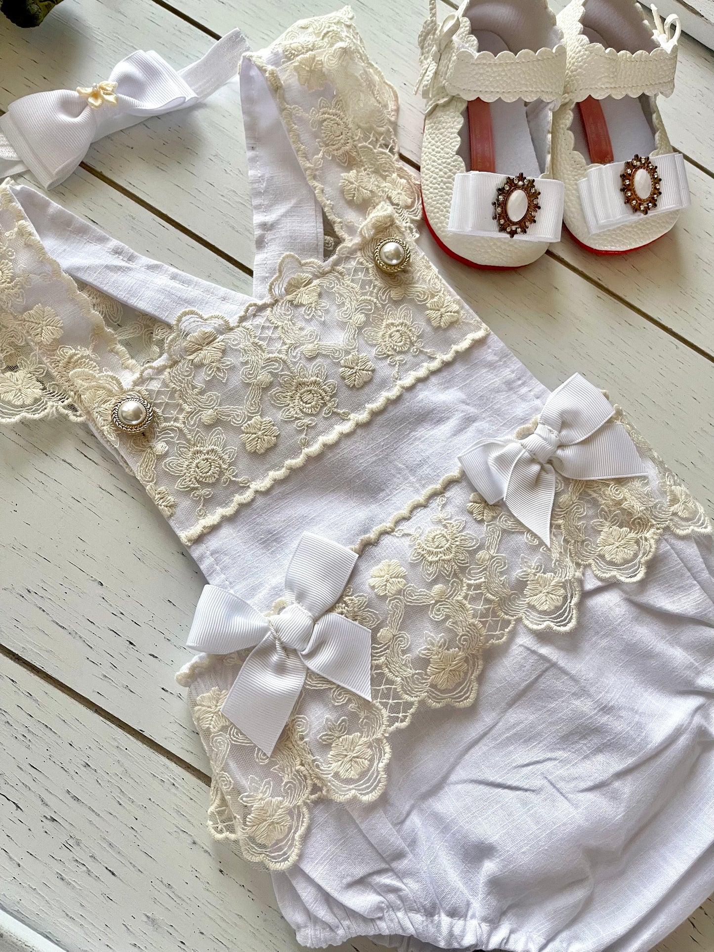 Lacey Ruffles Pearl Buttons & Bows Girl Romper Overalls