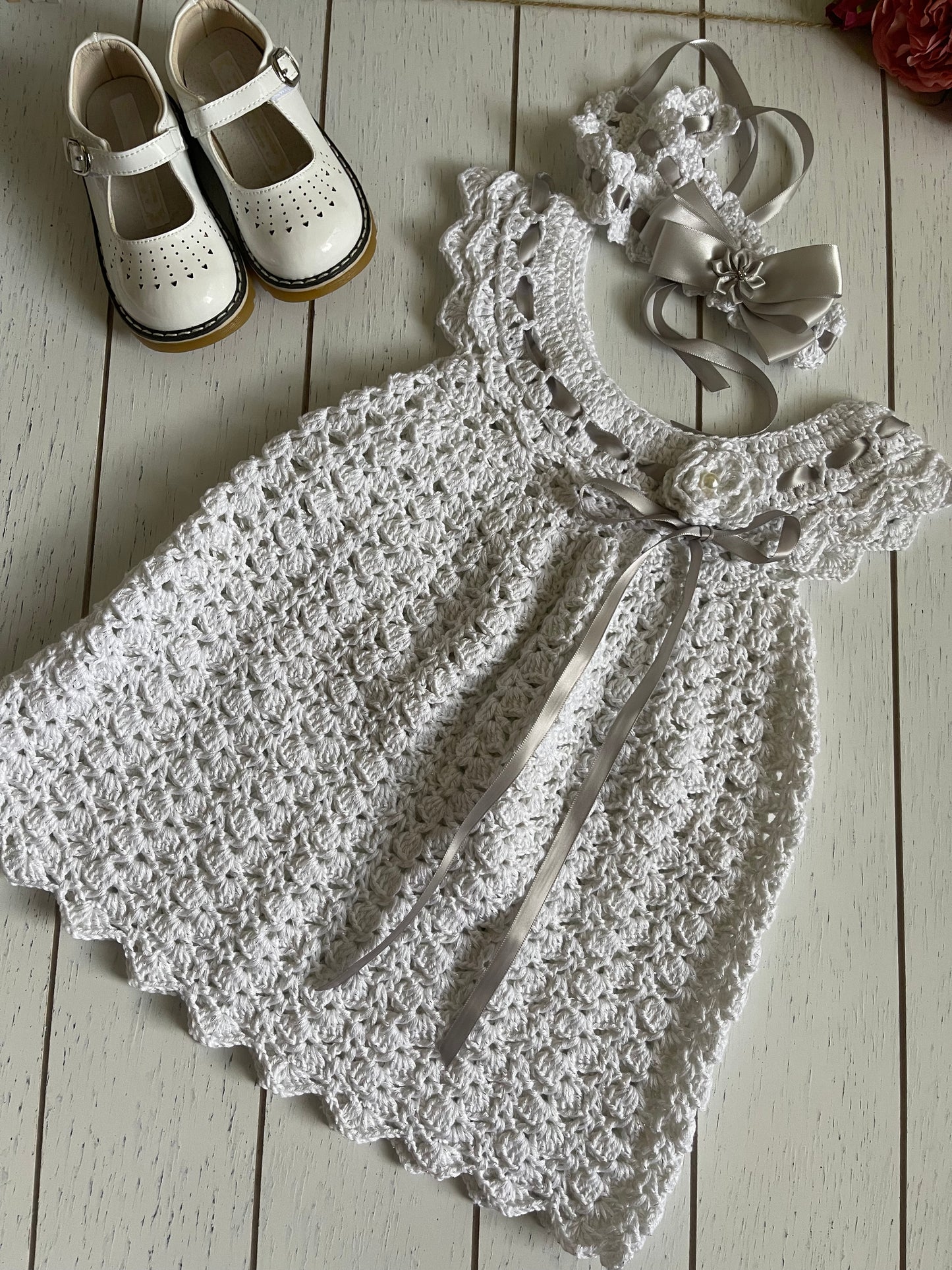 White & Silver Crochet Girl Dress With Ribbons