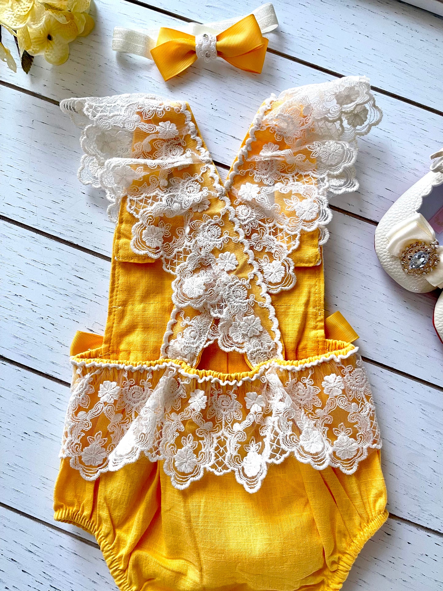 Lacey Ruffles Pearl Buttons & Bows Girl Romper Overalls