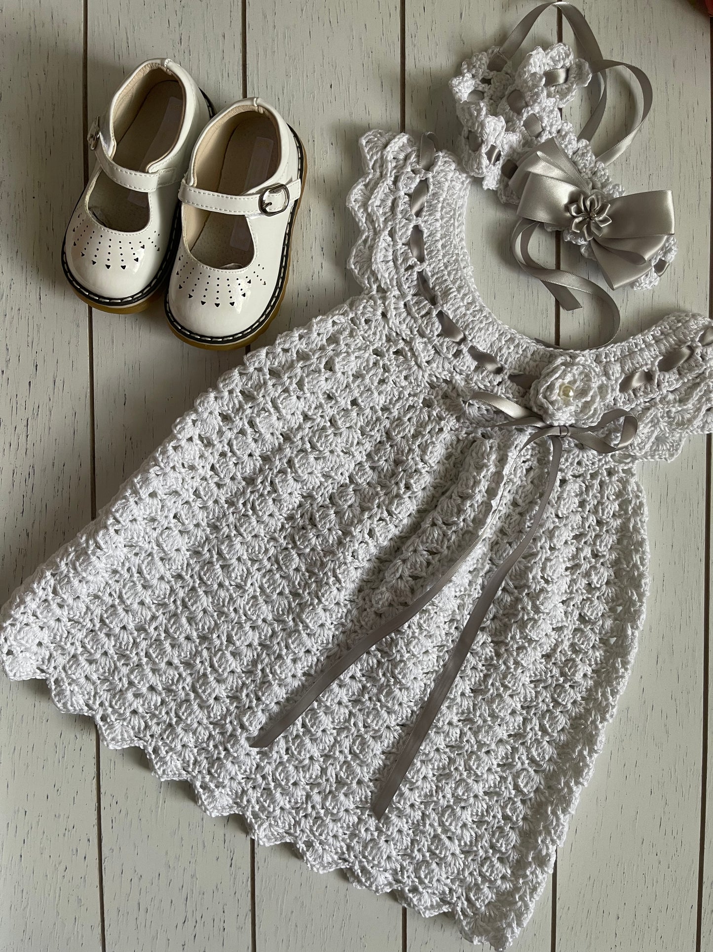 White & Silver Crochet Girl Dress With Ribbons