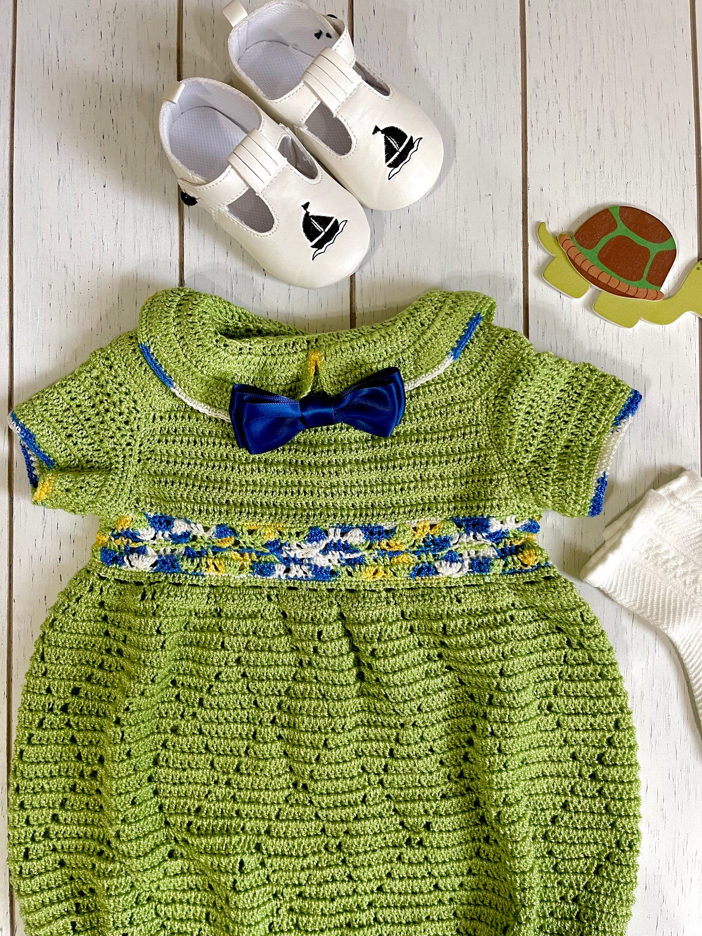Short Sleeve, Pear Green Crochet Peter Pan Collar Boy Romper
