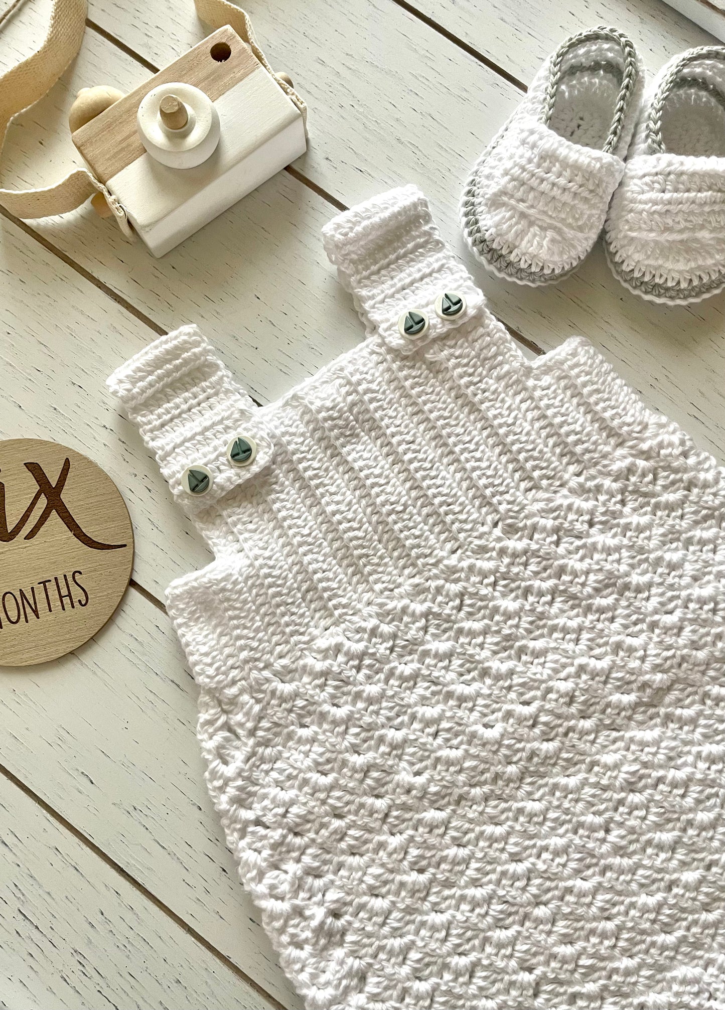 White Crochet Boy Romper with sailboat buttons Outfit Set