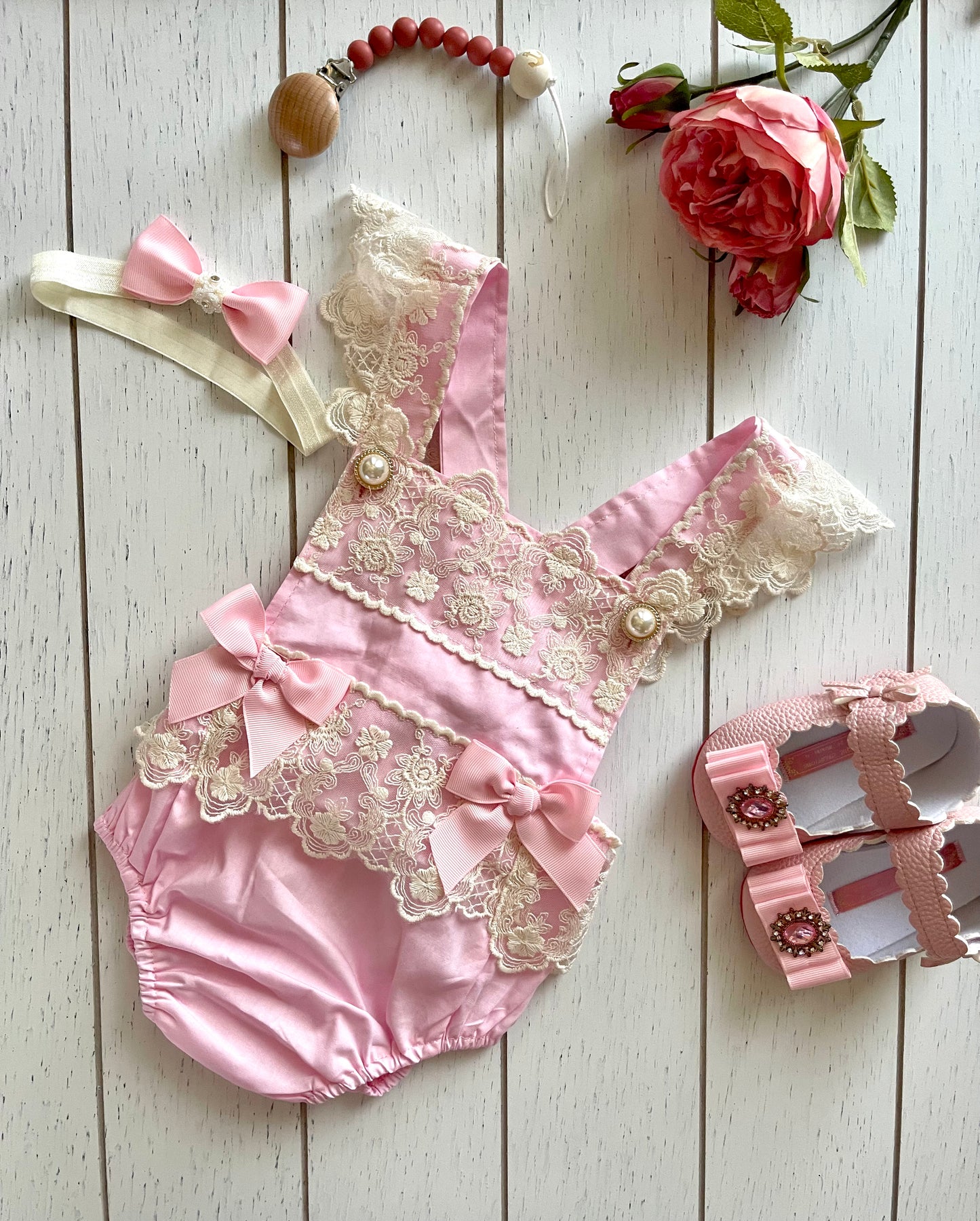 Lacey Ruffles Pearl Buttons & Bows Girl Romper Overalls
