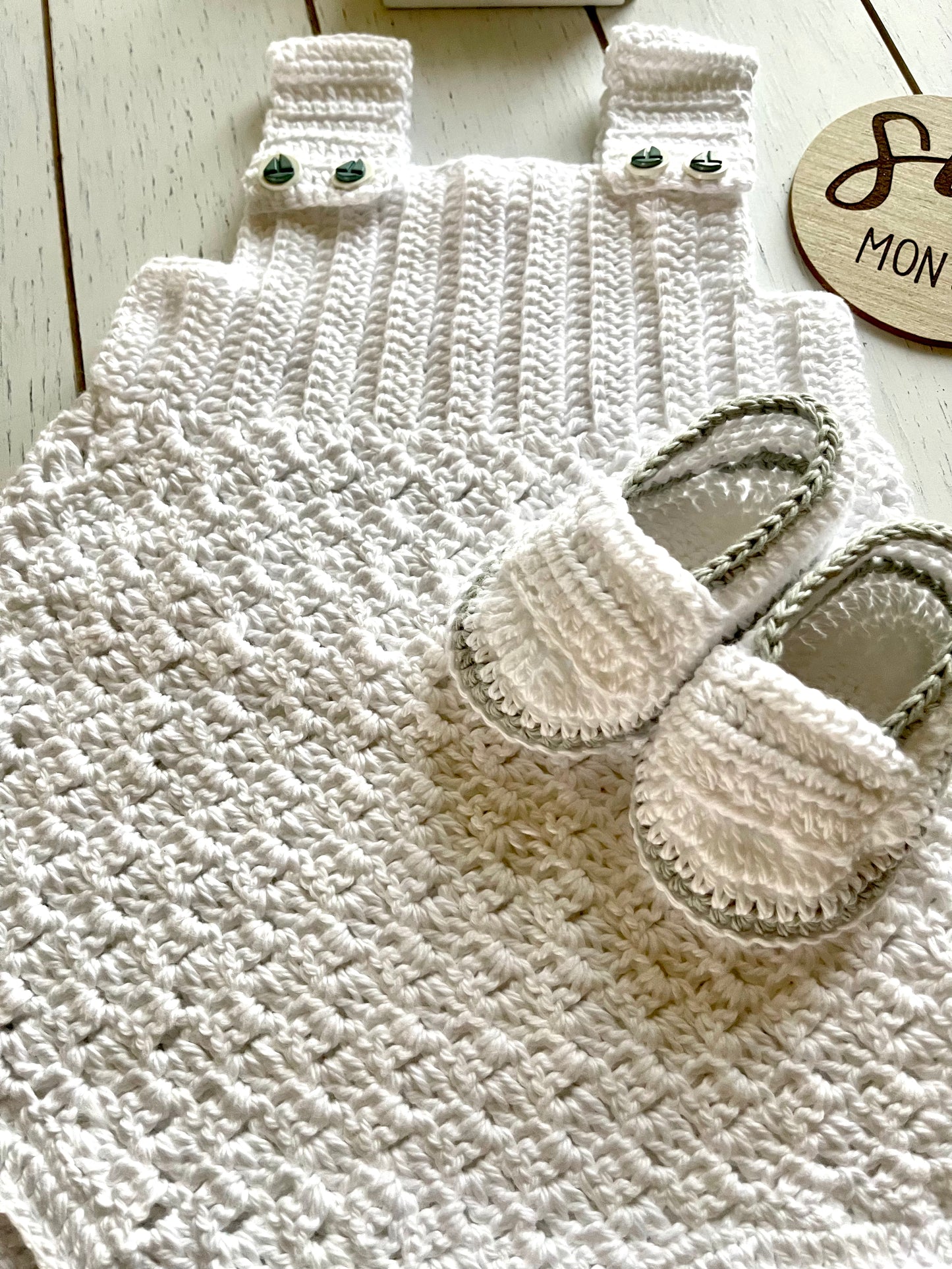 White Crochet Boy Romper with sailboat buttons Outfit Set