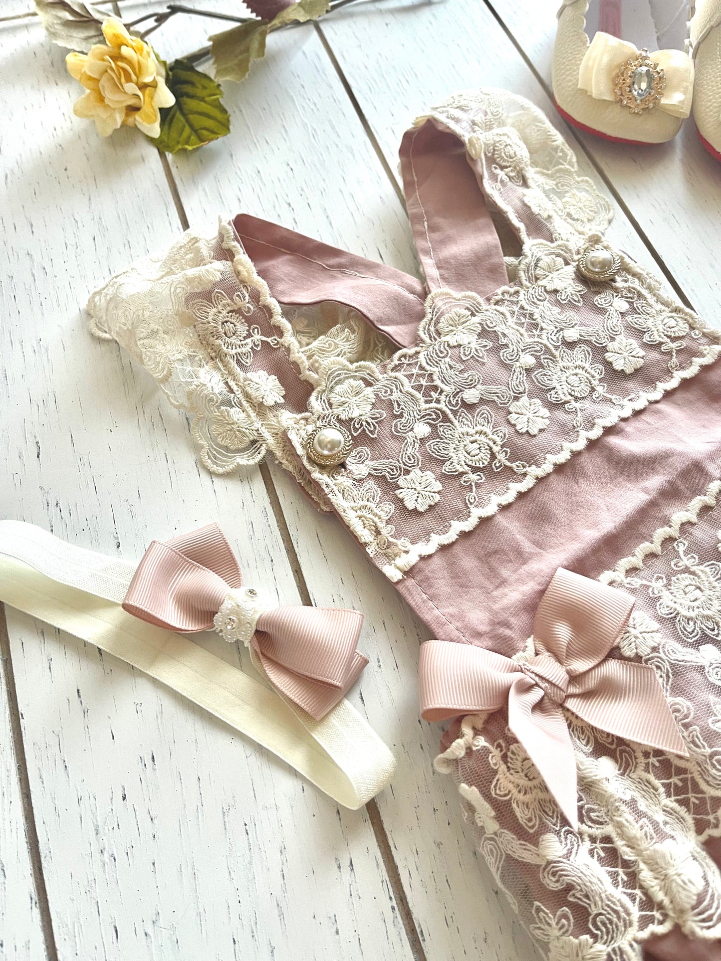 Lacey Ruffles Pearl Buttons & Bows Girl Romper Overalls