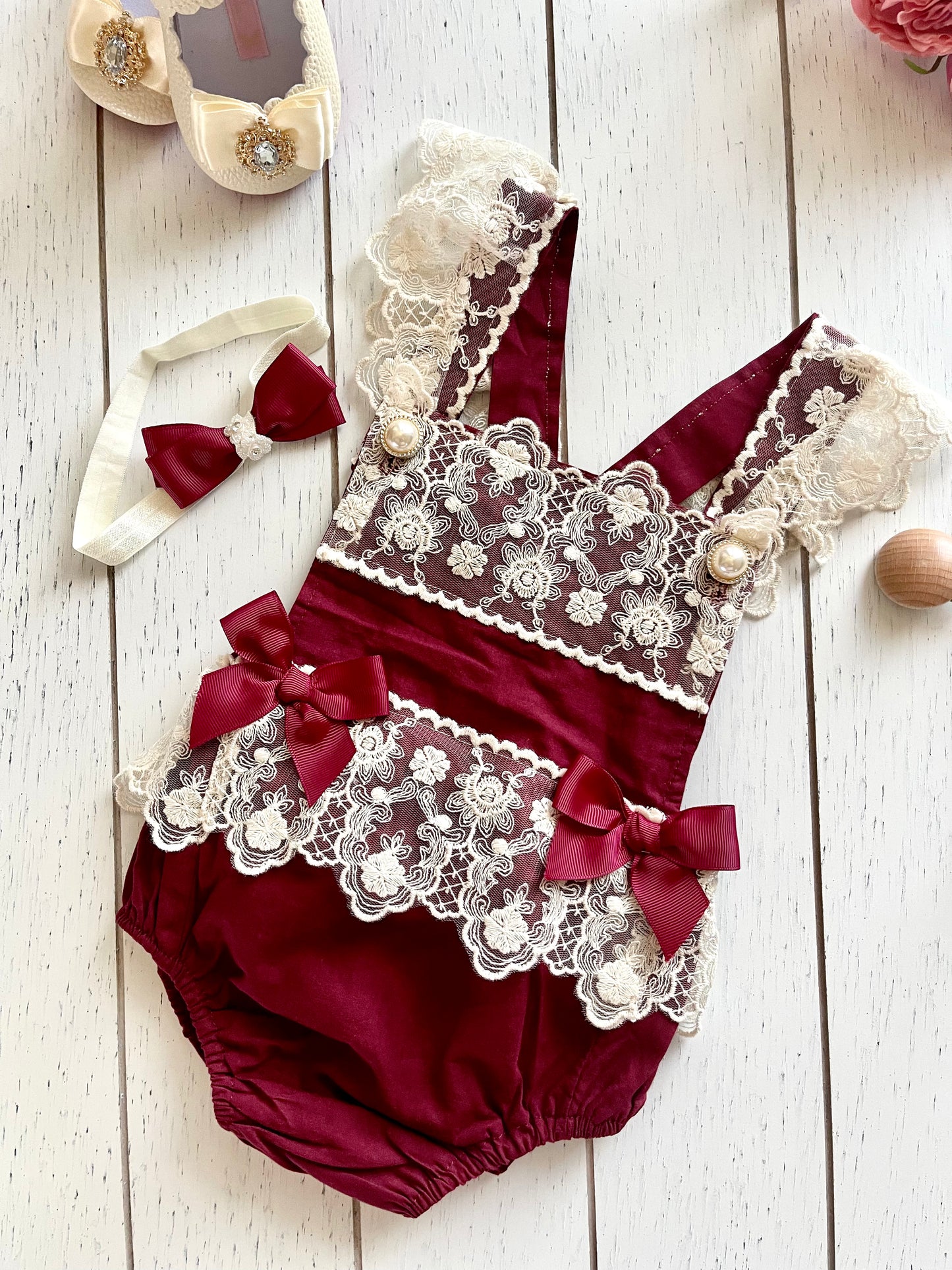 Lacey Ruffles Pearl Buttons & Bows Girl Romper Overalls