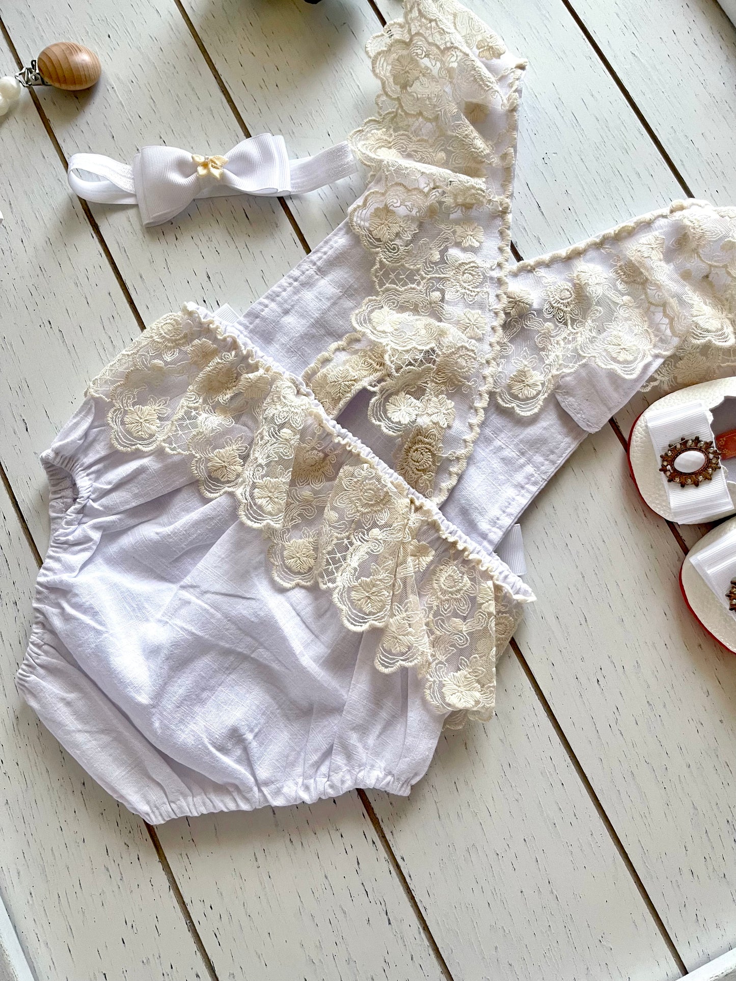 Lacey Ruffles Pearl Buttons & Bows Girl Romper Overalls