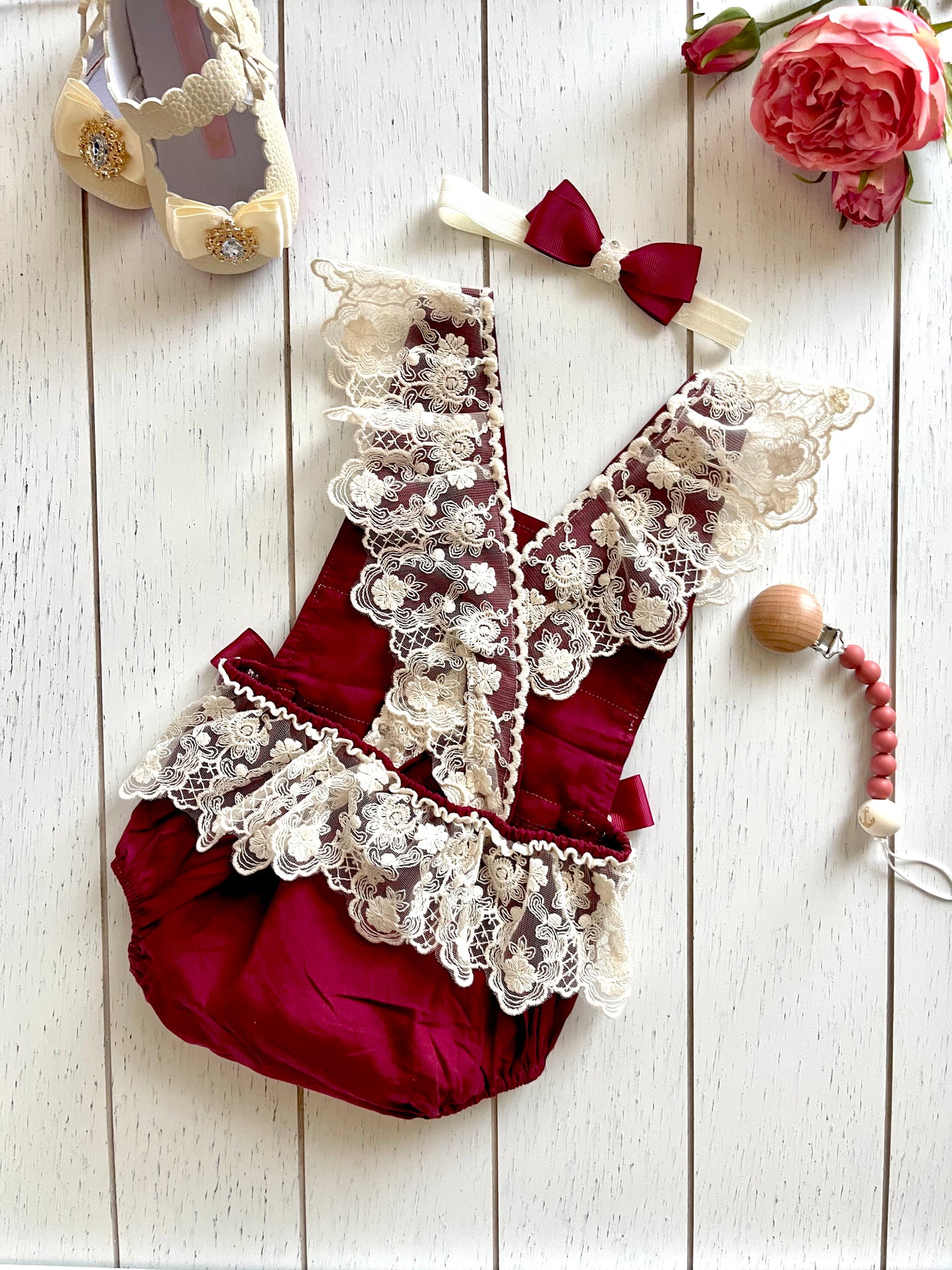 Lacey Ruffles Pearl Buttons & Bows Girl Romper Overalls