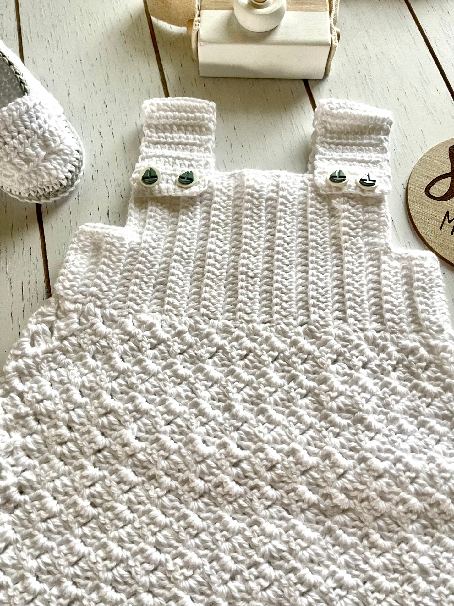 White Crochet Boy Romper with sailboat buttons Outfit Set