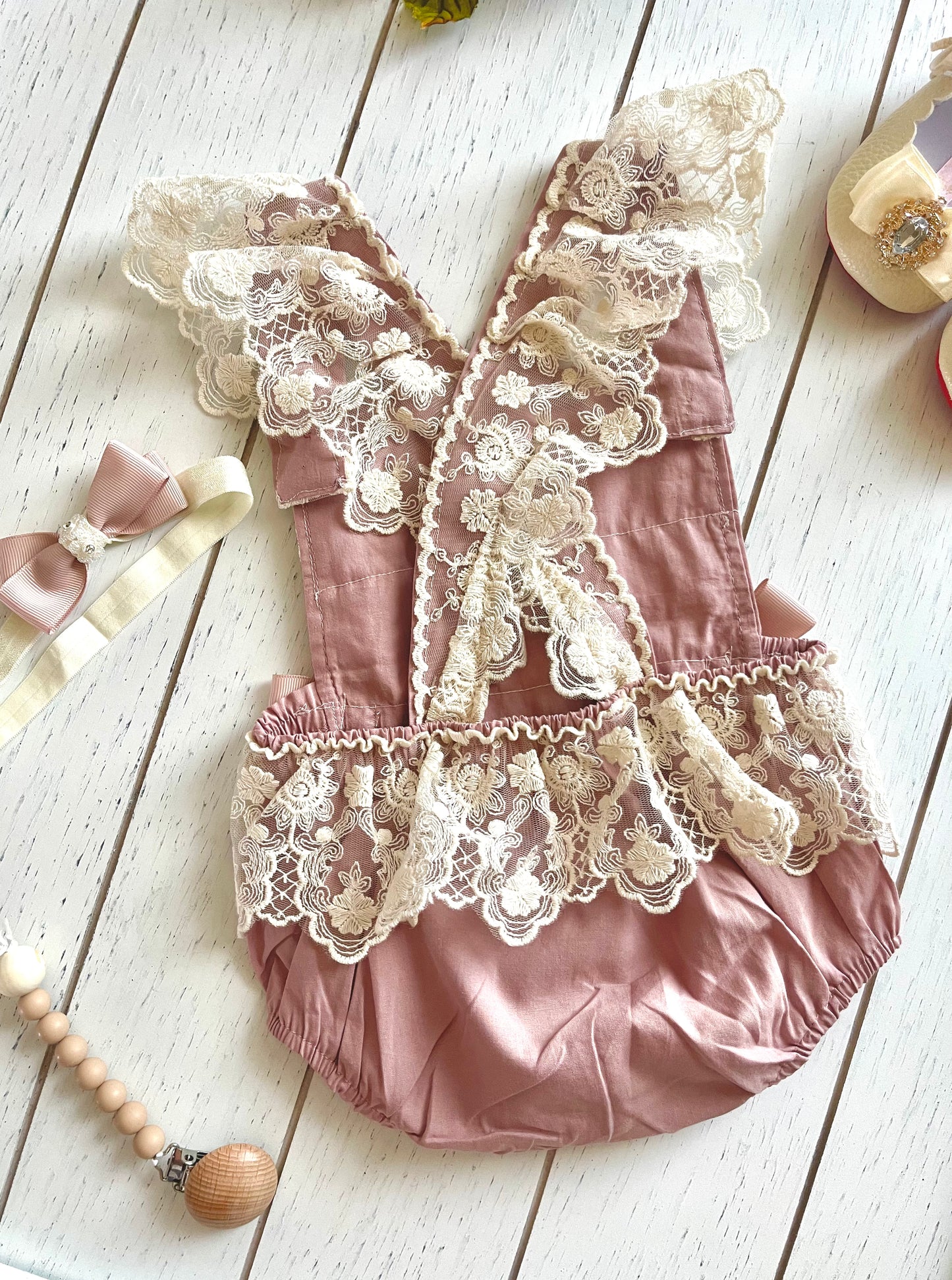 Lacey Ruffles Pearl Buttons & Bows Girl Romper Overalls