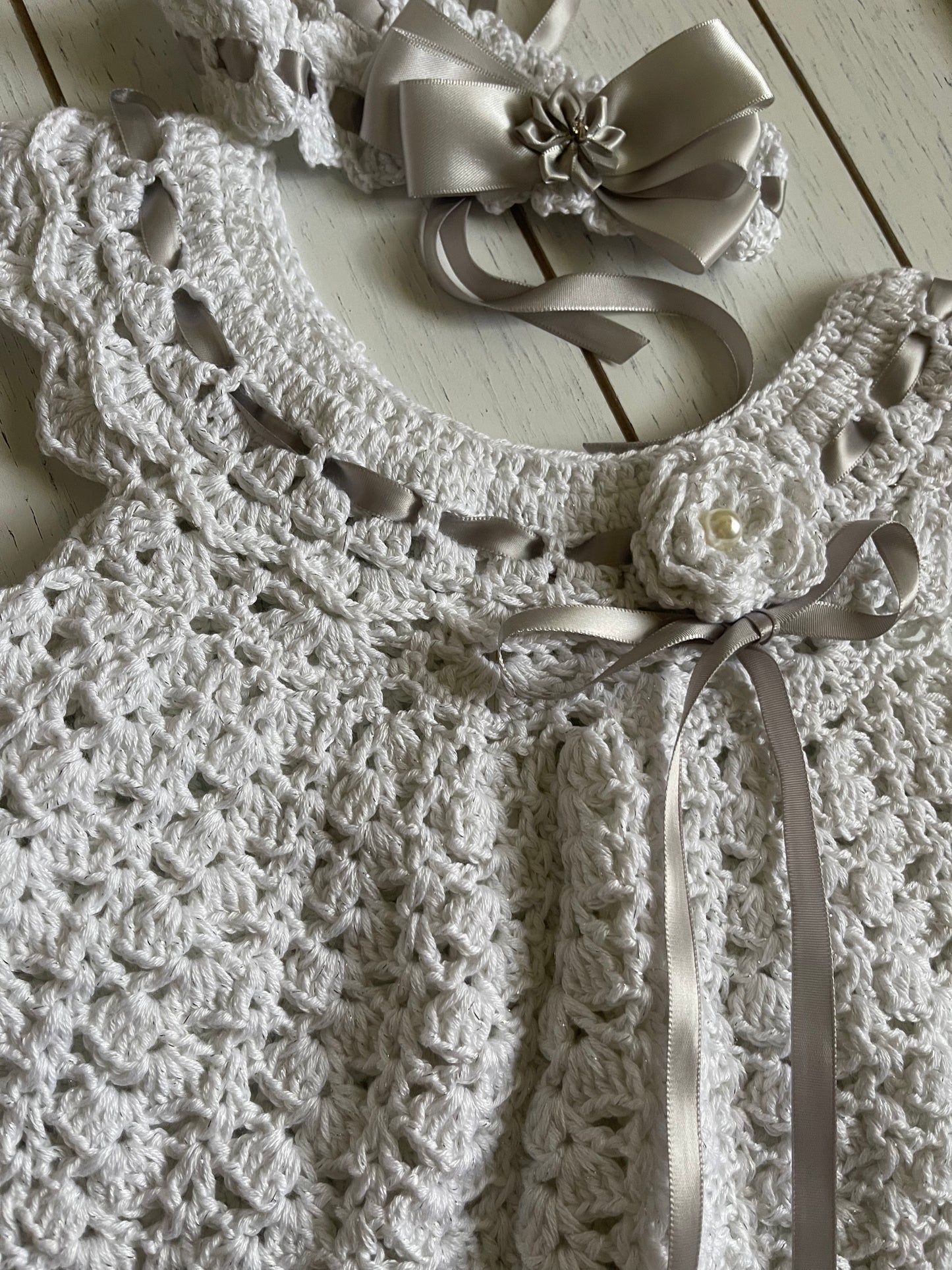 White & Silver Crochet Girl Dress With Ribbons